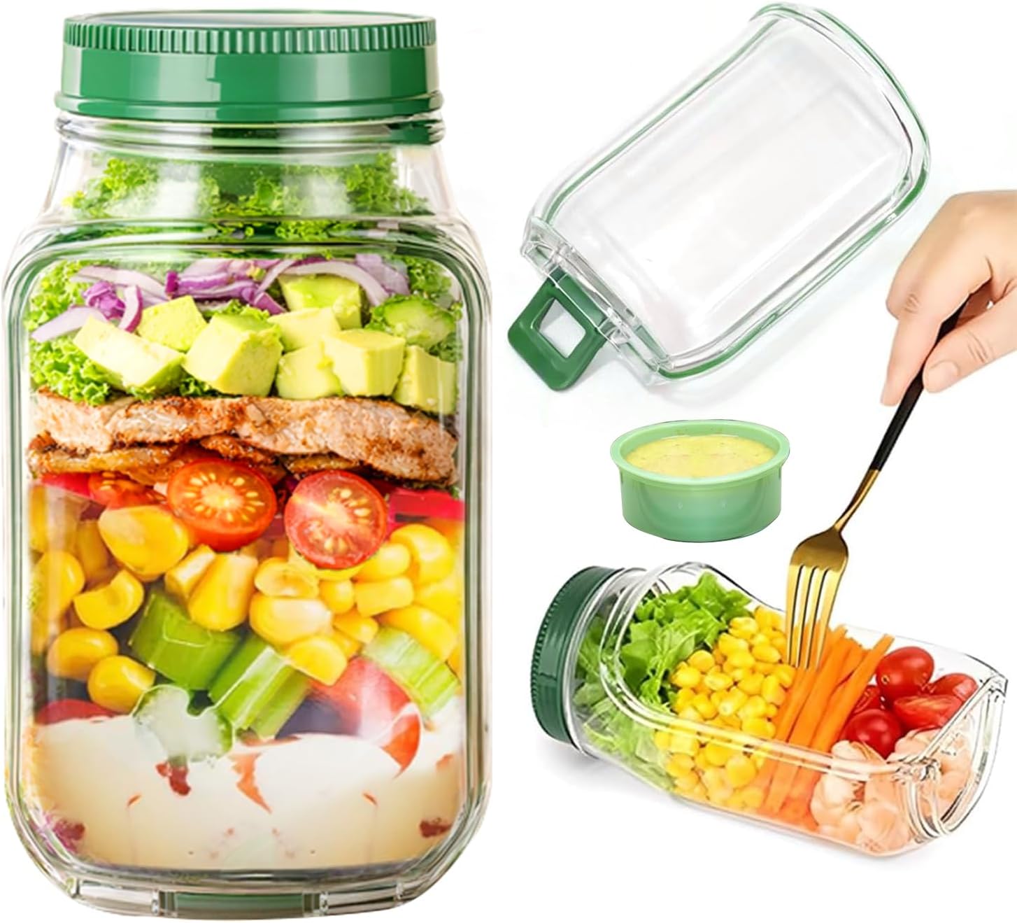 Salad Jar Leakproof Salad Container - Side-Opening Mason Jar with Dressing Compartment | Airt Seal, Portable Lunch Box for Salads, Fruit, Grain Bowls & On-the-Go(7.5"x3.9"x3.5" 1PCS)