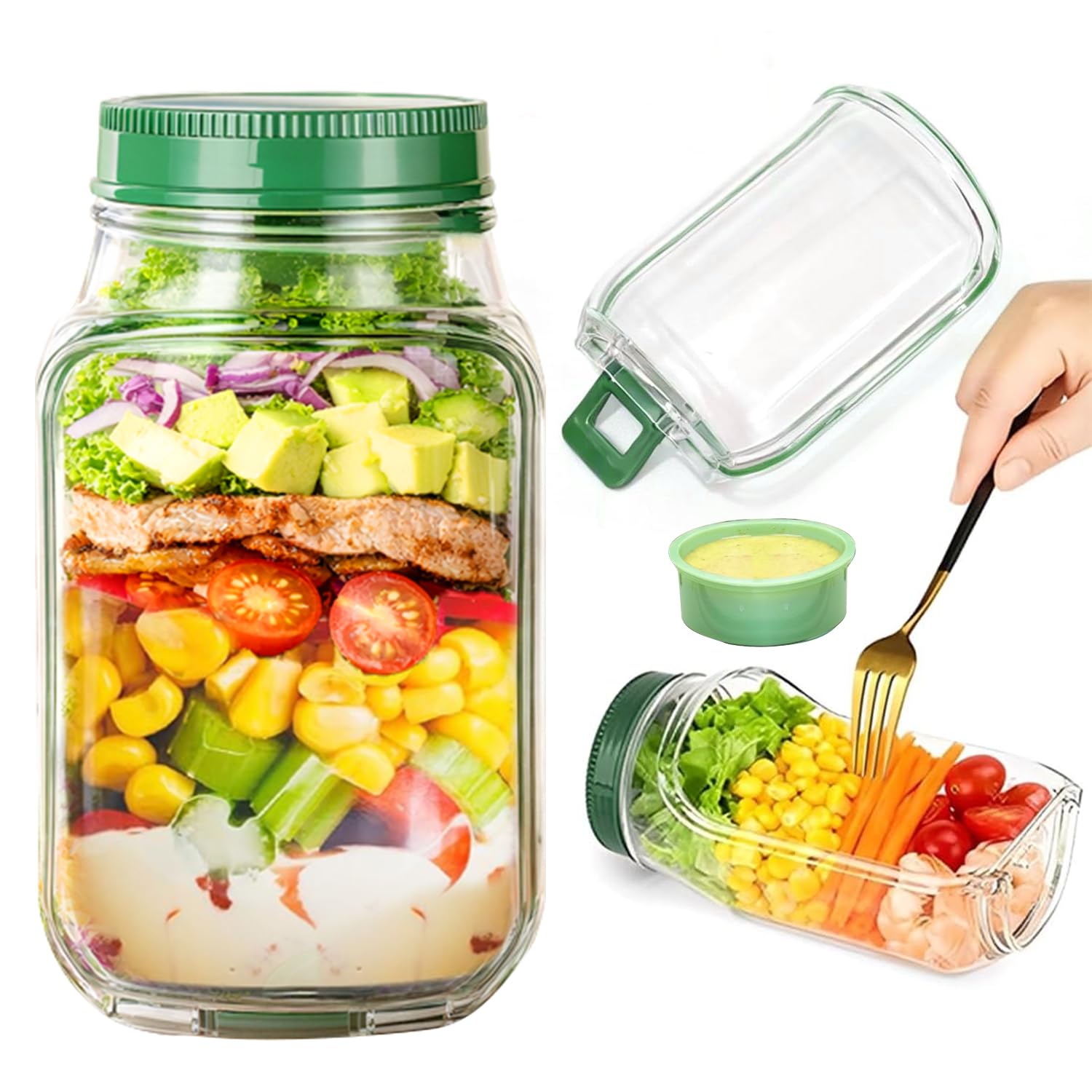 VIVIZEN Salad Jar with Side Opening-Salad Jar Leakproof Salad Container with Dressing Cup & Lid, Lid-to-Bowl Design, Dishwasher & Freezer Safe for for Office, Gym, Travel, Picnic(7.5"x3.9"x3.5" 1PCS)