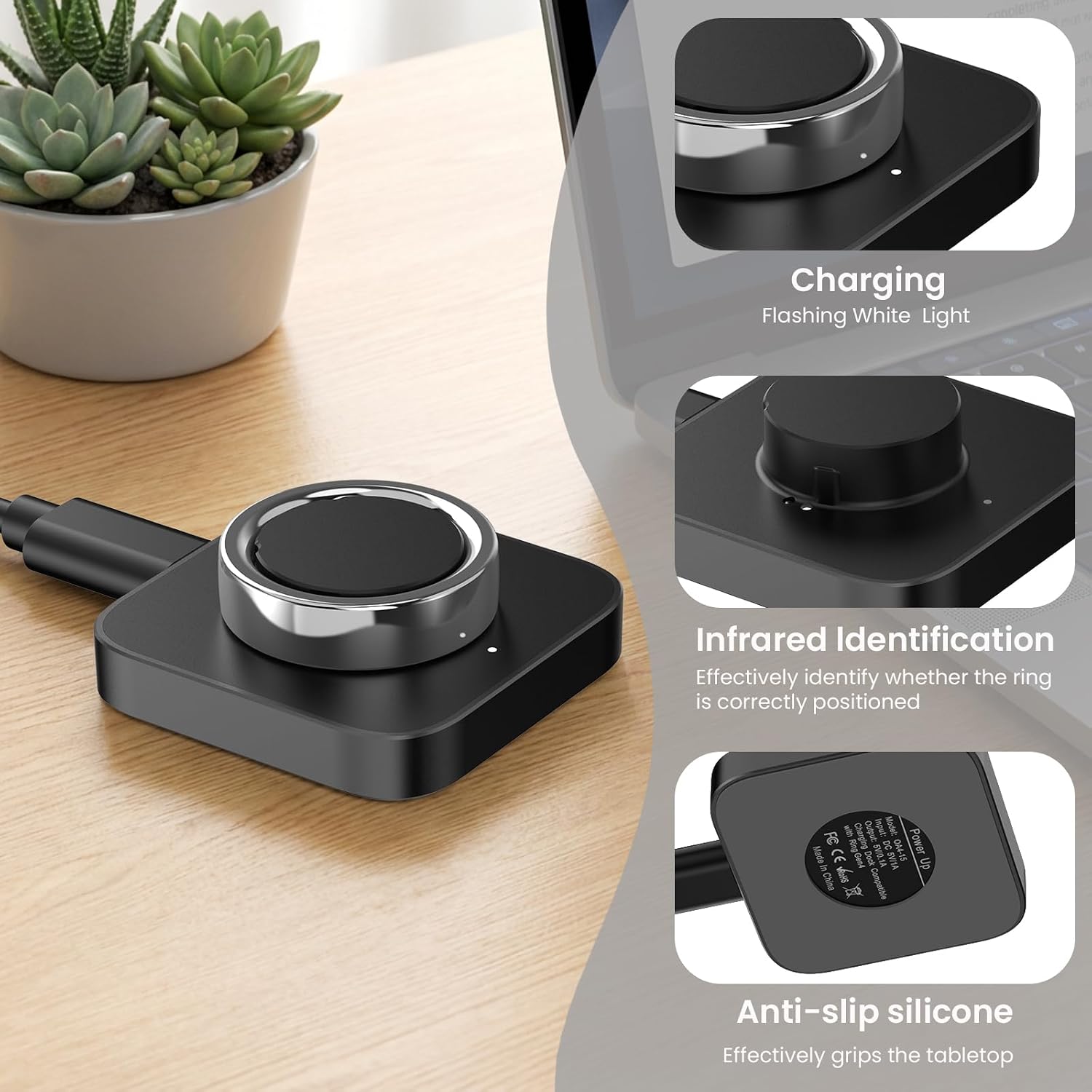 Compatible with Oura Ring Gen 4 (Size 14) Charger Fast Charging Dock with Infrared Sensing,Auto Stop Protection, Indicator, Non-Slip Base, Charger for Smart Ring Includes 59 Inch USB-C Cable