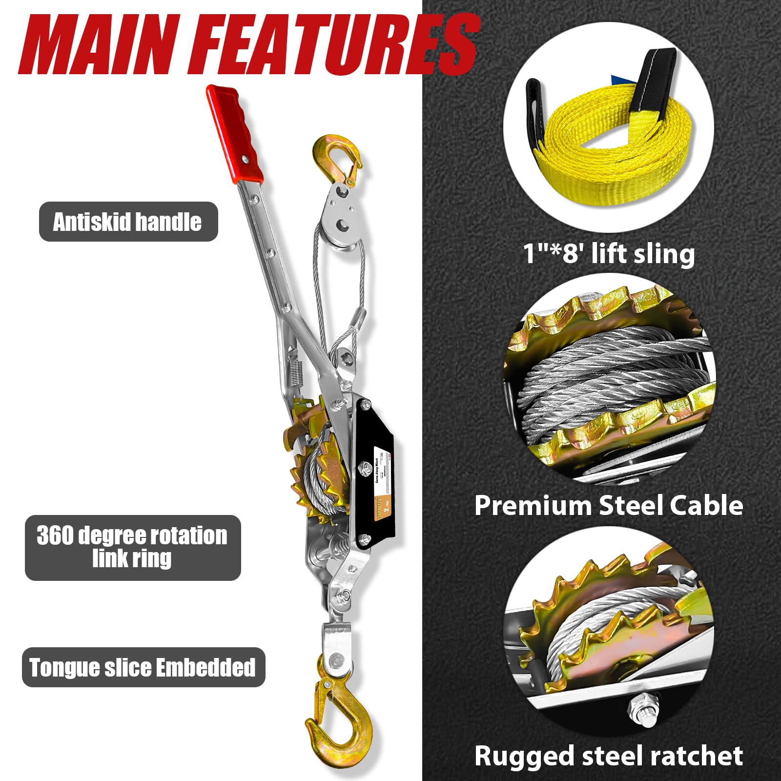 SENKEYFE Come Along Winch Heavy Duty, 10FT 2T Come Along Pulling Tool 2 Gears 2 Hooks, Cable Winch Puller, Come Along Power Puller Ratchet Tool for Construction Automotive Farm Fences (with Straps)