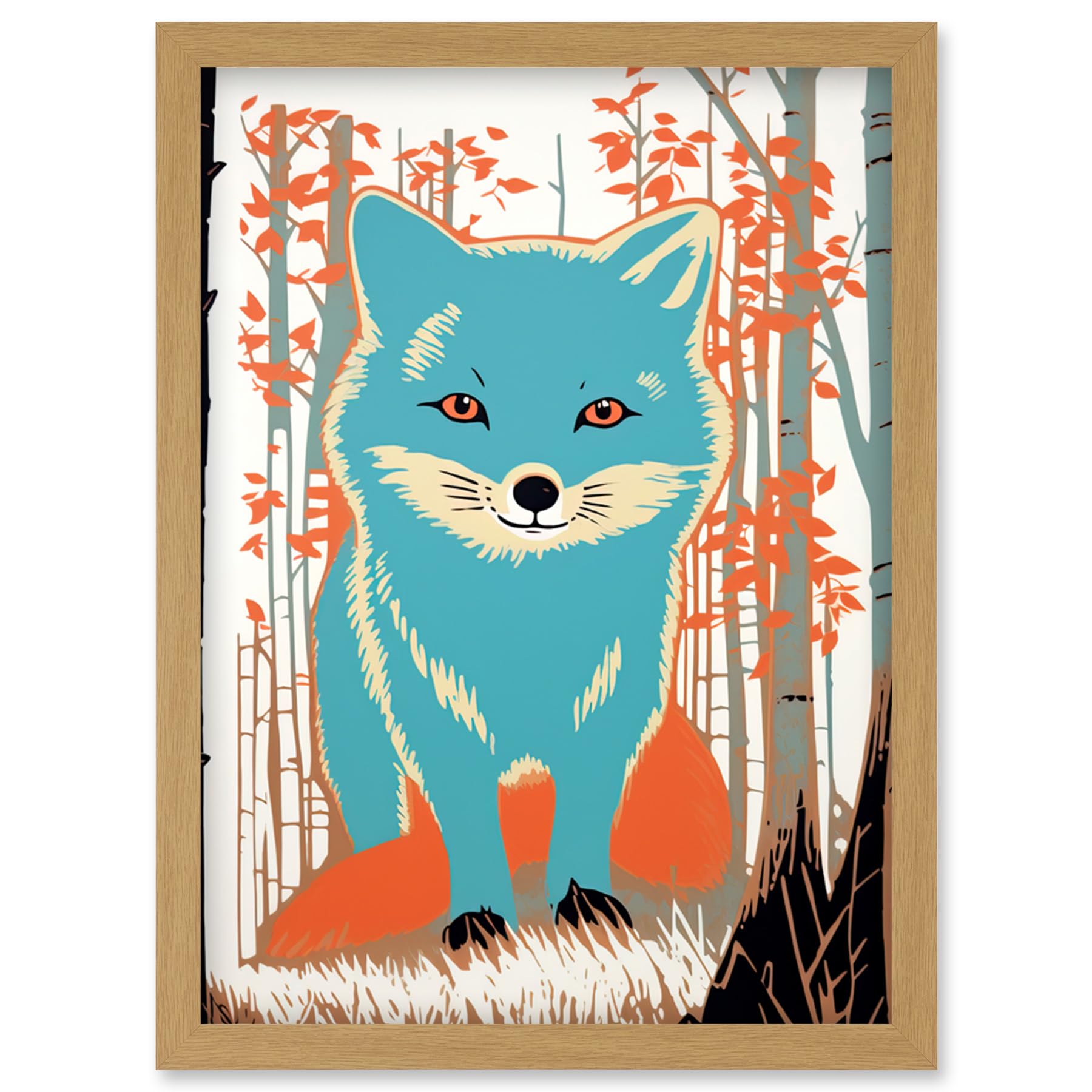 Artery8 Cute Blue Fox Forest Glade Landscape Bright Woodland Baby Animal Kids Bedroom Artwork Framed Wall Art Print A4