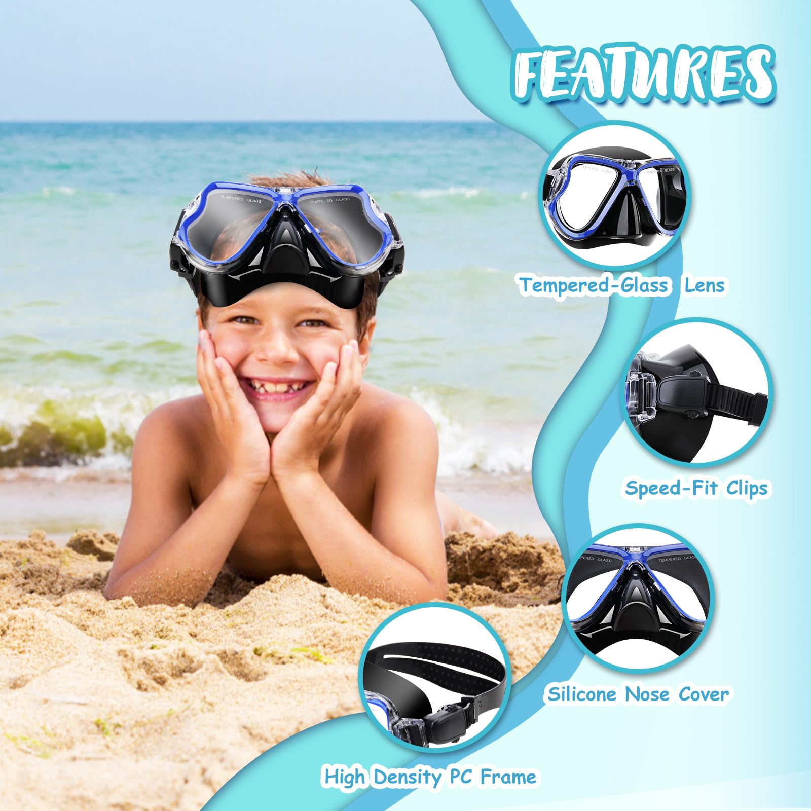 Set da snorkeling per bambini dai 3 ai 14 anni, attrezzatura da snorkeling per bambini con boccaglio Dry Top, anti-perdite, anti-appannamento, vista panoramica, per ragazzi e ragazze