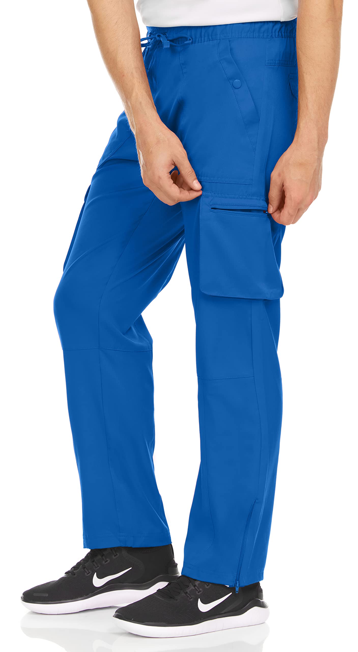 MediChic Cargo Scrub Pants for Men, Zip Hem, 6 Pockets with Snap and Zipper Closure, 4-Way Stretch, Royal Size Large