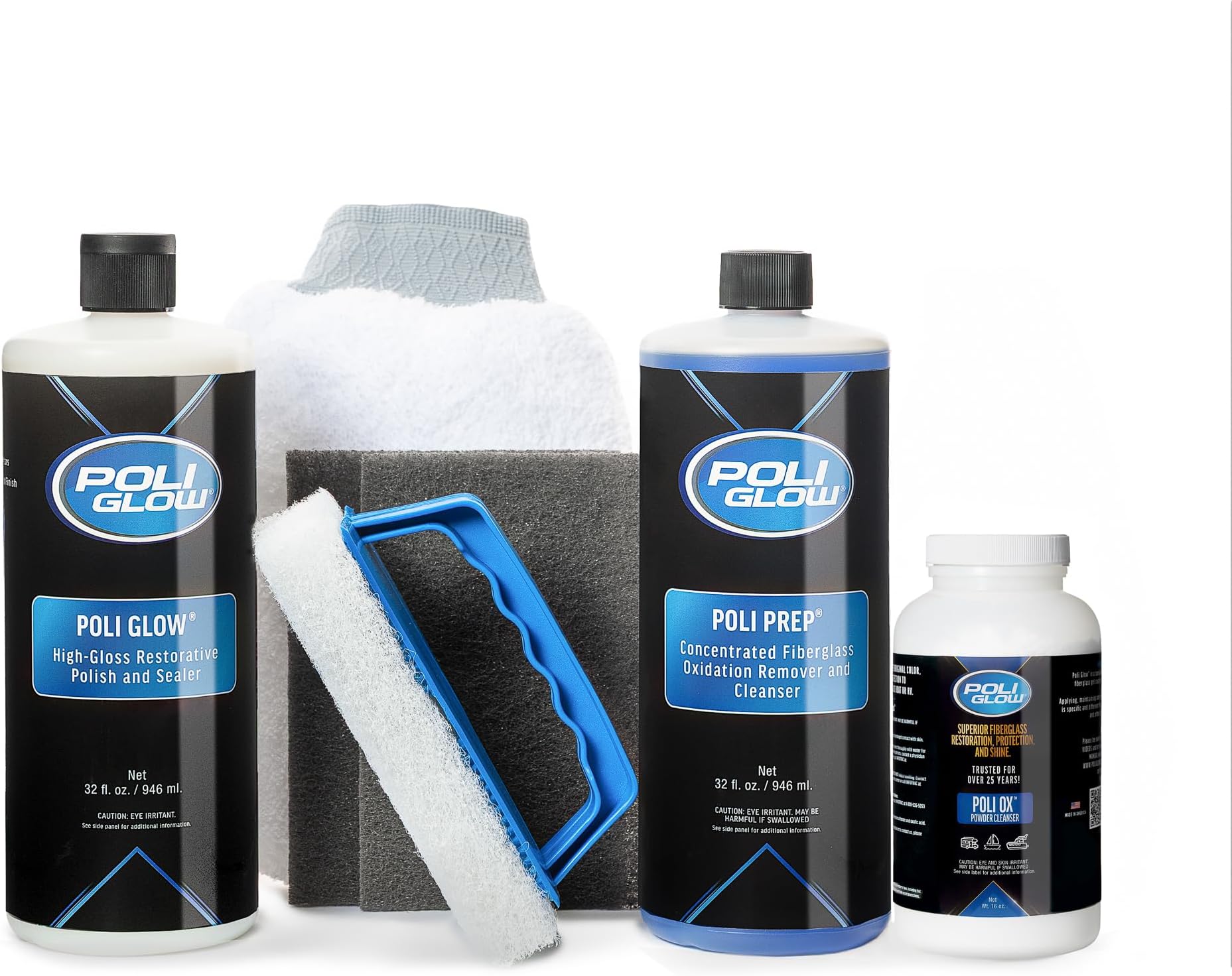 - Poli Glow Deluxe Boat & RV Restoration Kit–Removes Oxidation, Seals & Protects–Restores High-Gloss Shine to Fiberglass & Gelcoat–New Liquid or Classic Powder Poli Ox–Easy, Long-Lasting 6-in-1 System
