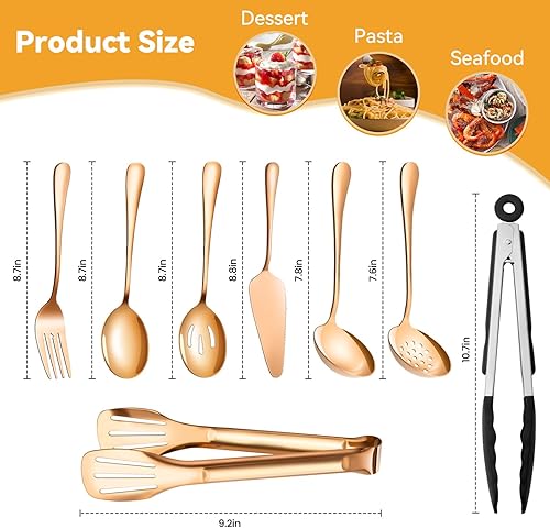 Miniatura 9 de Juego de utensilios de servir dorados para fiestas, cucharas grandes de metal de acero inoxidable, cucharas ranuradas, tenedores, pinzas, cucharas