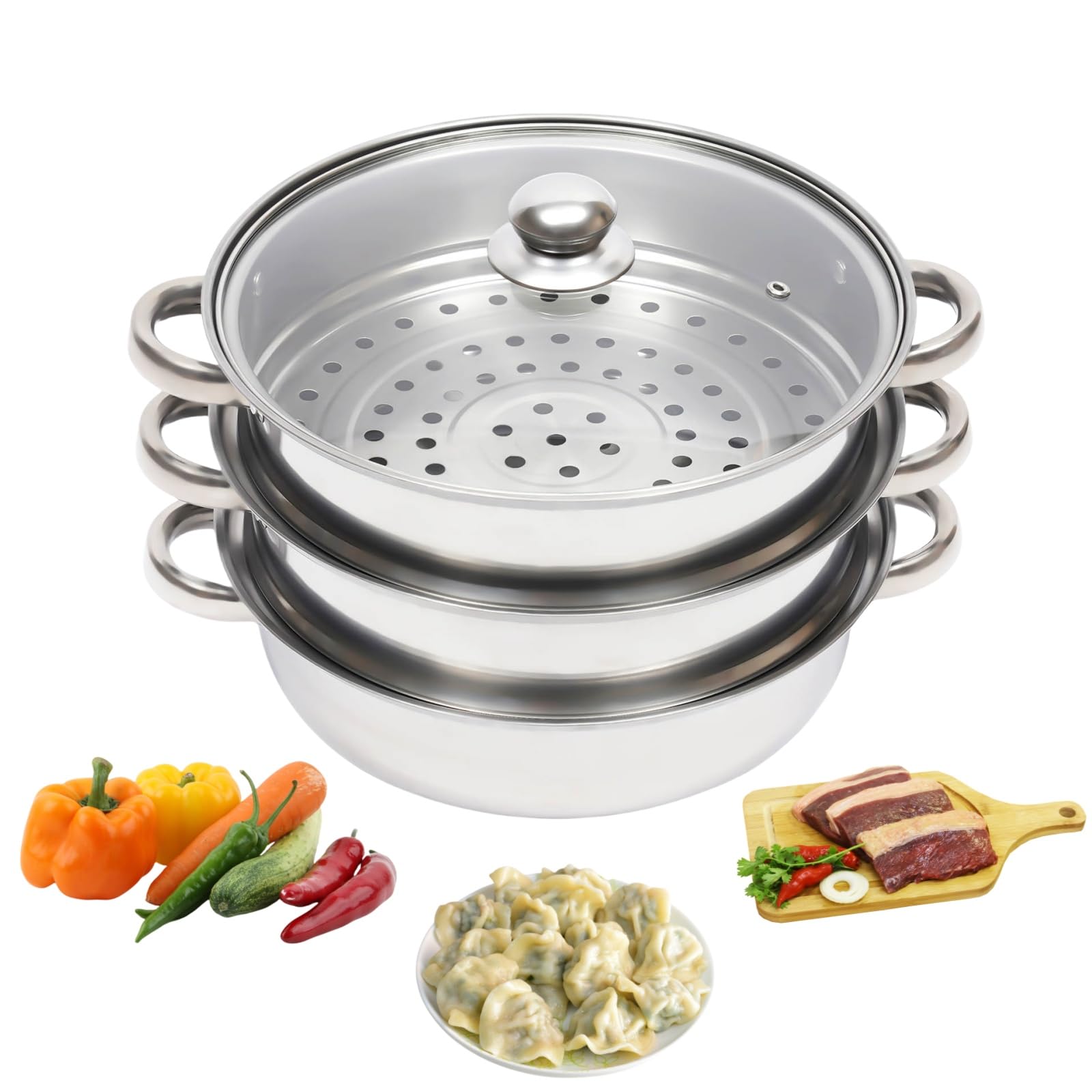 Charocean 28cm Steamer Pans 3 Tier Steamer Cooker Pot Set Stainless Steel Steamers Food Steam Pot with Vented Glass Lids, Dumpling Steamers, Induction Safe