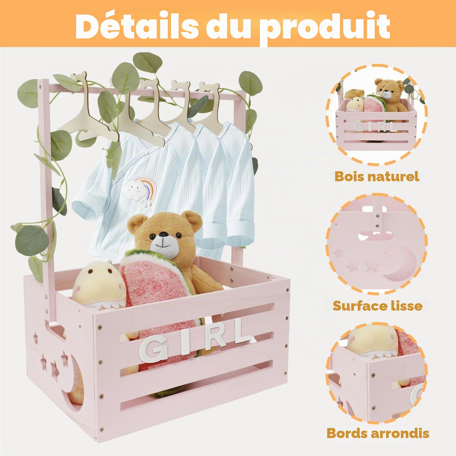 Panier en bois avec poignée - Armoire de fête prénatale - Boîte en bois pratique pour fête prénatale - Avec 10 cintres pour poupées et 24 lettres - 40 x 30 x 55 cm - Boîte de rangement pour bébé -