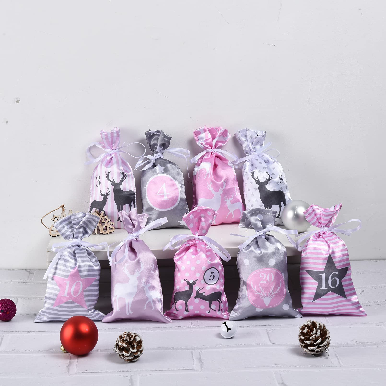 PANSIBY Advent Calendar for Filling Christmas Calendar, Self-Filling, Hanging with Pink Grey Fabric Bags, 24 Fabric Bags - Image 3