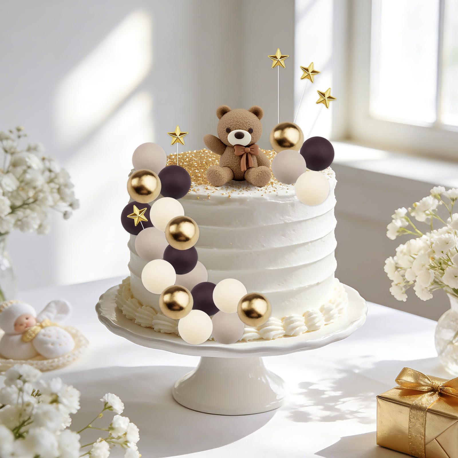26Pcs Baby Shower Cake Topper,Beige Brown Bear Balls and Stars Baby Shower Cake Decoration,Boho Cake Toppers Perfect for Gender Reveal Party & Newborn Celebrations - Image 3
