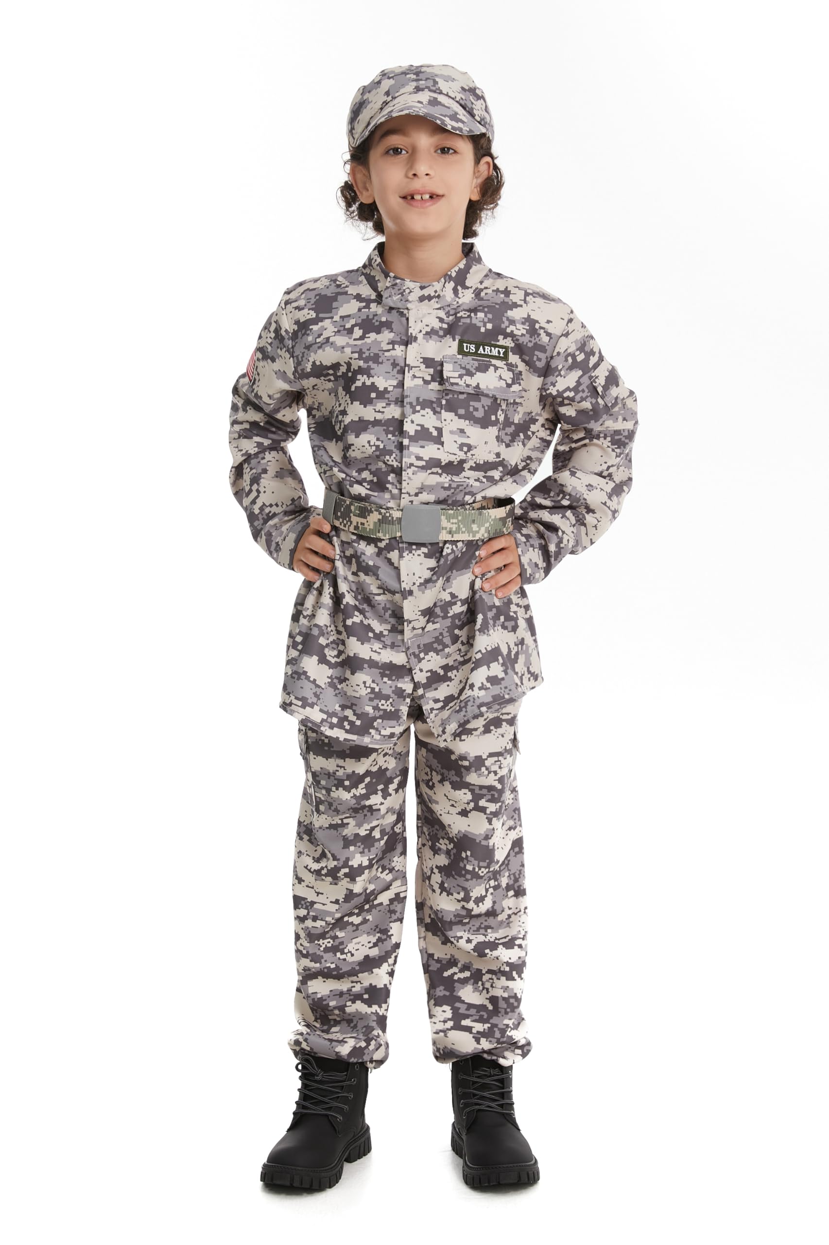 DELIVESS Kid Army Costume Deluxe Camo Soldier Costume Military Tactical Combat Uniform Set 4 Pcs (Grey Green, 4-6Y)