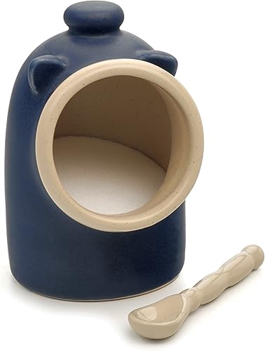 Salero de cerámica azul con forma de cerdito. Incluye cuchara.