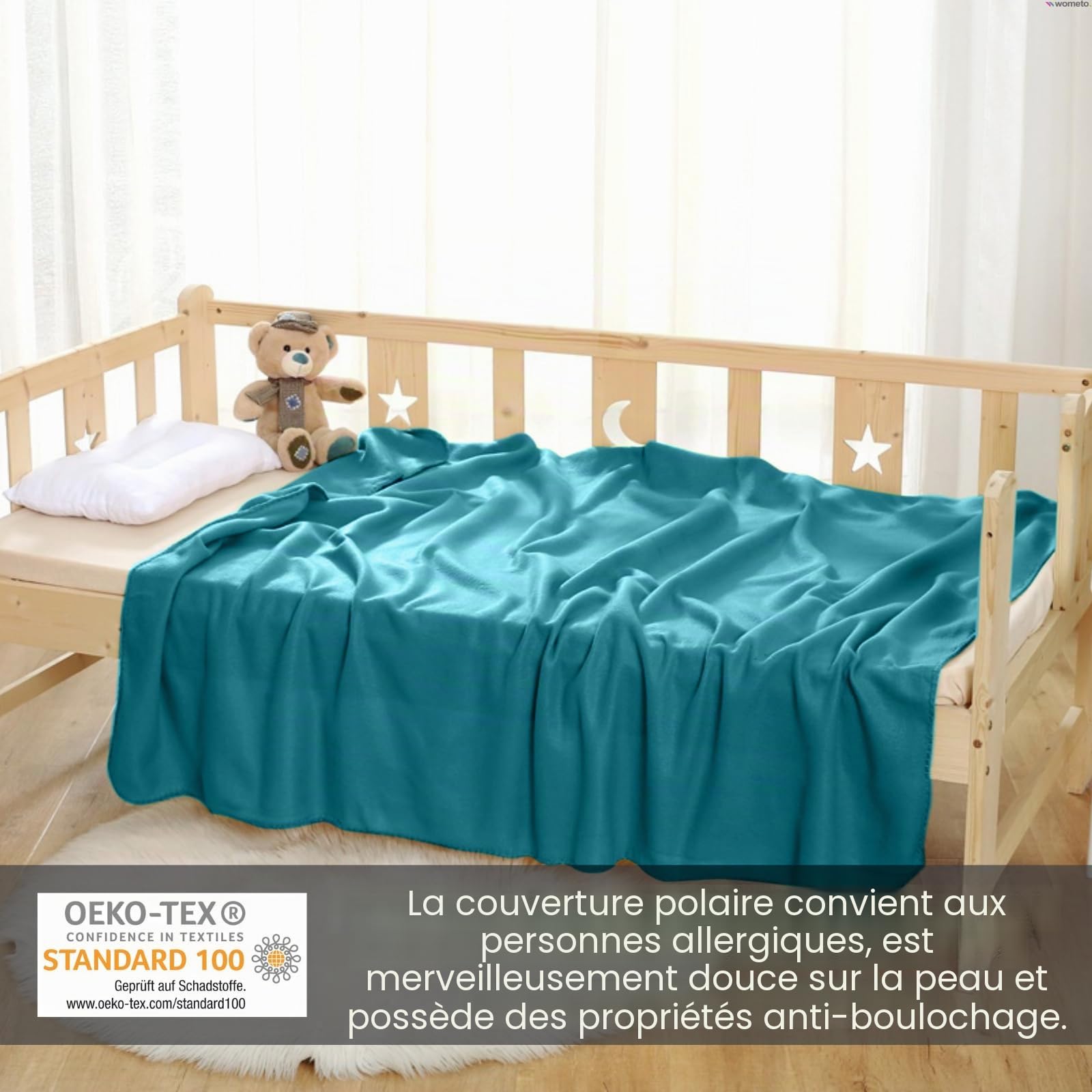 wometo Lot de 10 couvertures polaires oekoTex 130 x 160 cm, env. 400 g, avec anti-boulochage et bord surjeté, turquoise