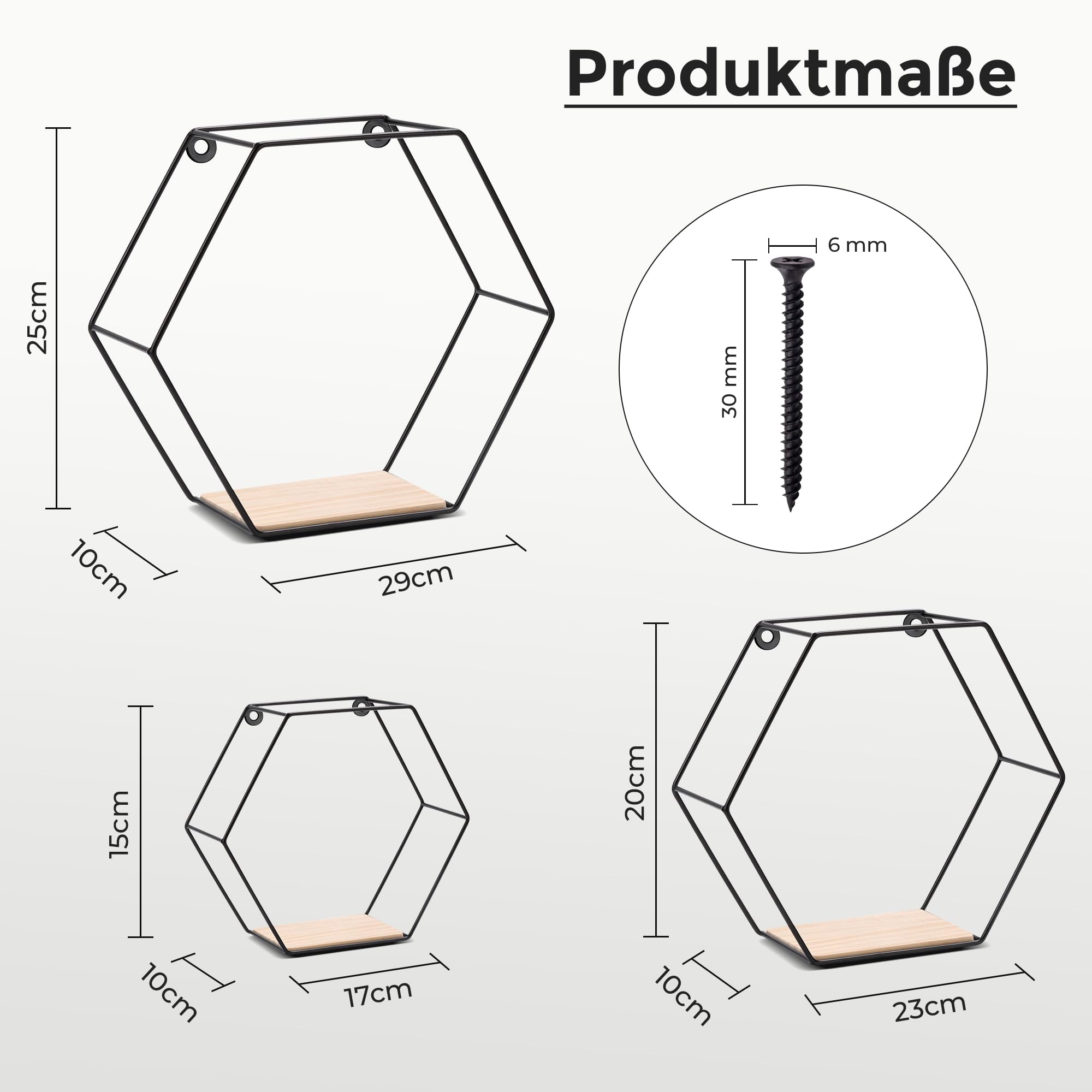 3-częściowy zestaw półek ściennych Hexagon, czarne metalowe półki wiszące z drewnianą półką, nowoczesna półka sześciokątna do salonu, sypialni, kuchni i biura, stabilne półki stalowe z śrubami i