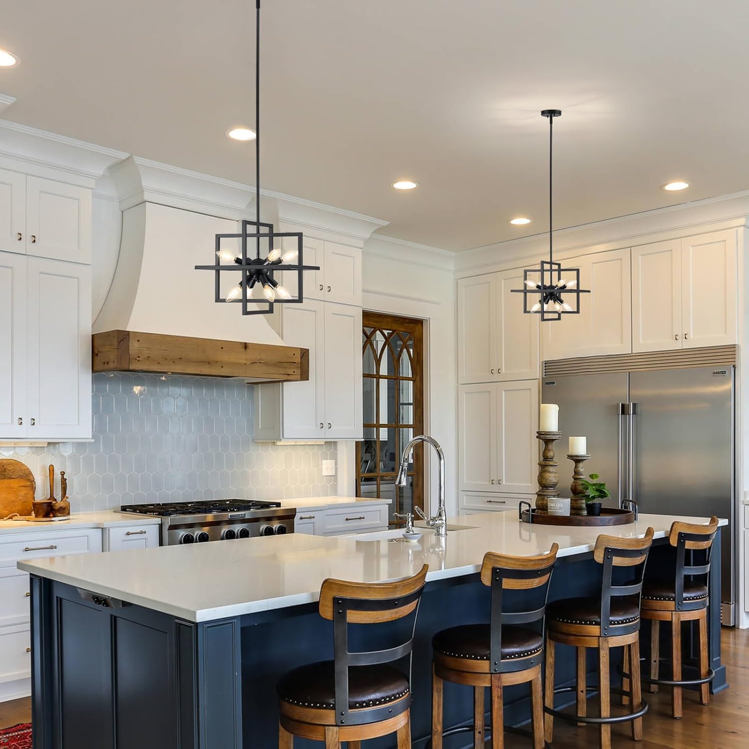 Modern Small Black Chandelier, 8-Light Farmhouse Geometric Pendant Lighting Fixtures, Industrial Lantern Hanging Chandelier for Kitchen, Dining Room, Foyer, Entryway