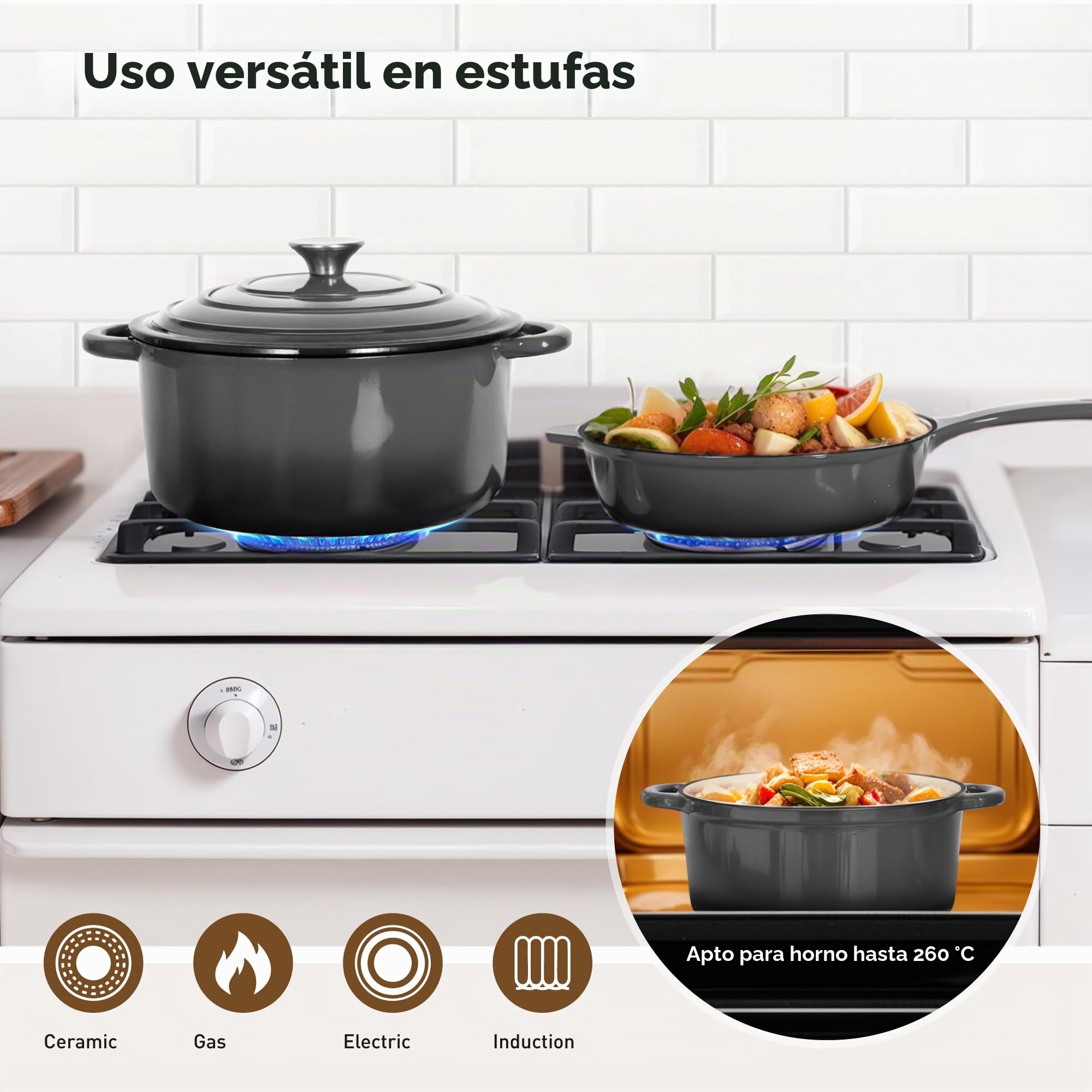 Kitchen Academy, olla de hierro fundido, juego de 7 piezas con hornos holandeses, ollas de hierro fundido esmaltadas, sartén para salsas, sartén, 3 tapas, juego de horno holandés, juego de ollas y