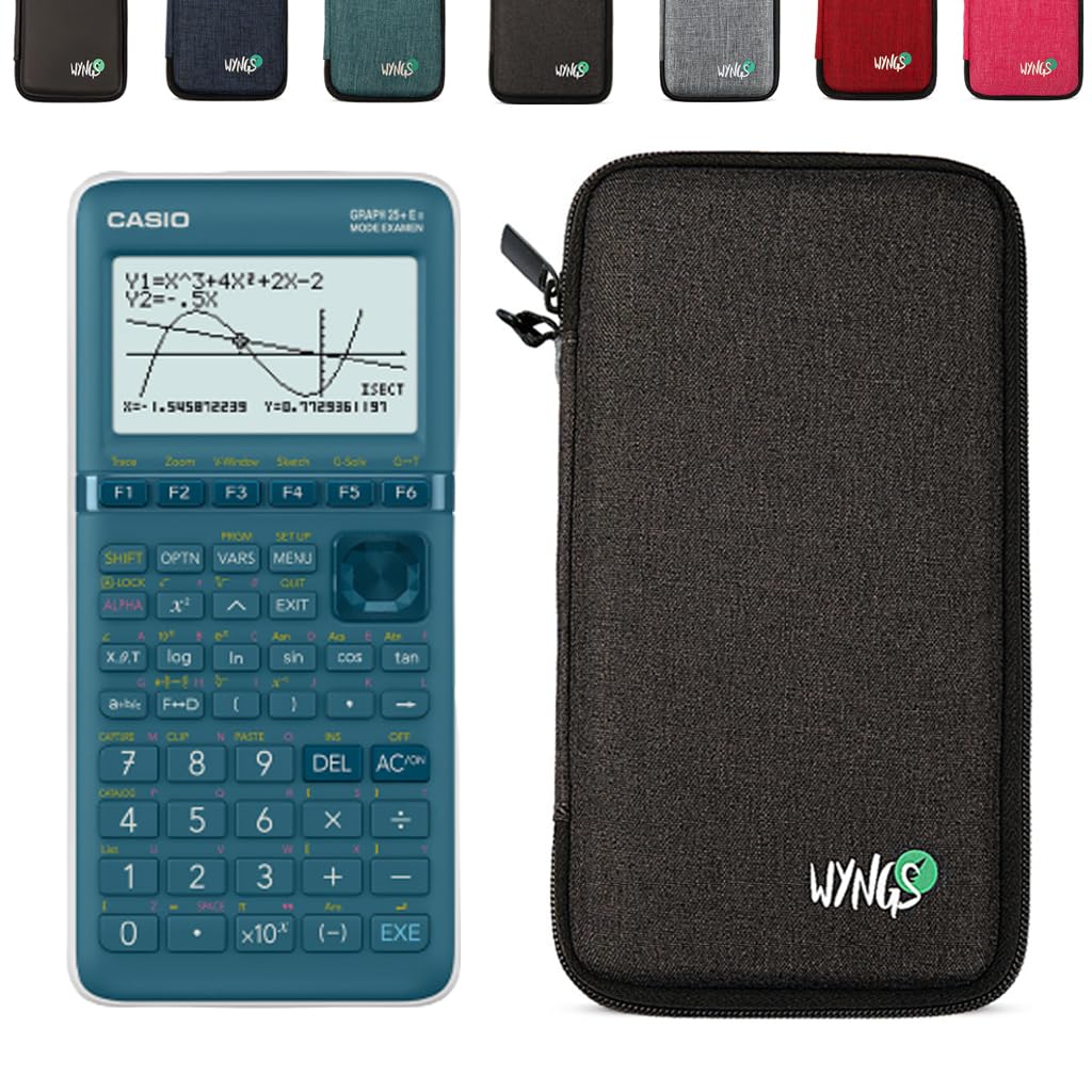 Casio Graph 25+E II con Custodia Protettiva WYNGS inclusa Grigio Scuro - Calcolatrice Grafica - Pacchetto Base (Francese)