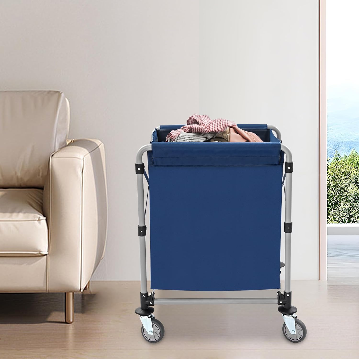 Commercial Laundry Cart Folding - 220lbs Capacity Stainless Steel Rolling Hamper w/Wheels, 24"x20"x24" for Hotel Hospital Home (BLUE)