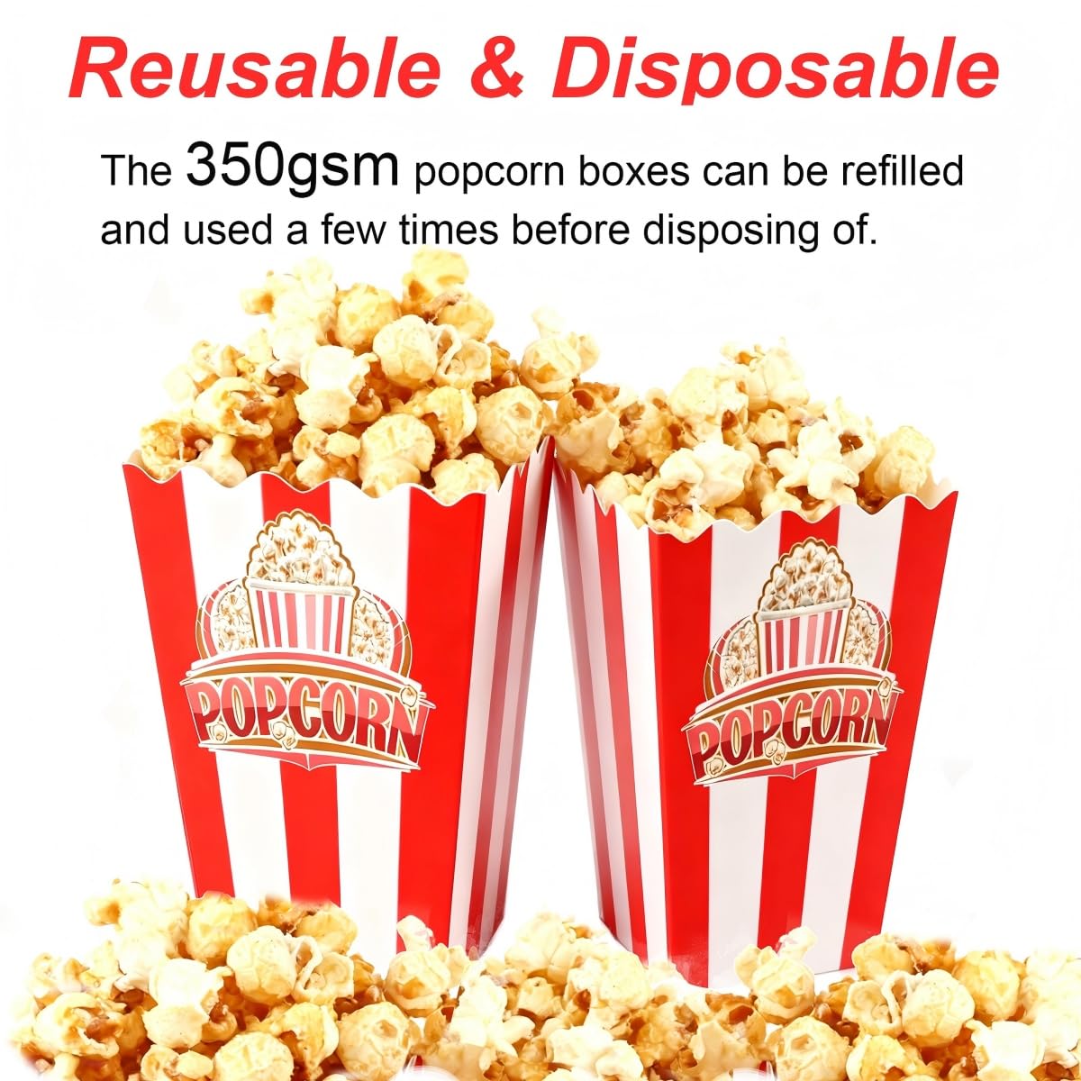 100Pcs Red White Striped Classic Popcorn Bucket, Disposable Popcorn Boxes for Movie Night, Home Halloween, Thanks Giving, Christmas Party