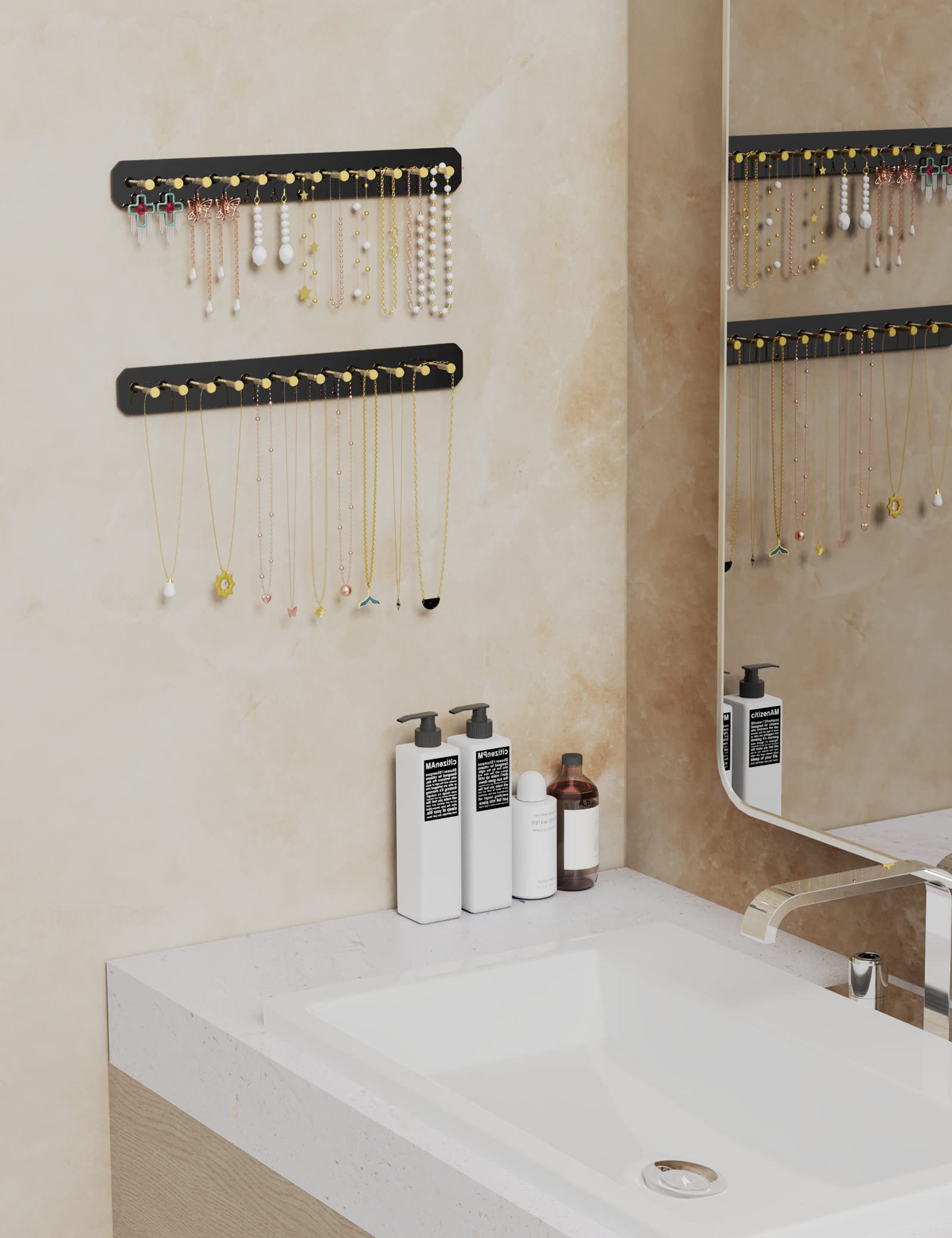 NiHome 2 Stück Wand Ketten Aufbewahrung Schmuckaufbewahrung mit Karbonstahl-Haken, Kettenhalter für Halsketten, Hängend Schmuckhalter für Schminktische, Badezimmer, Küche, Einfache Montage (Schwarz)