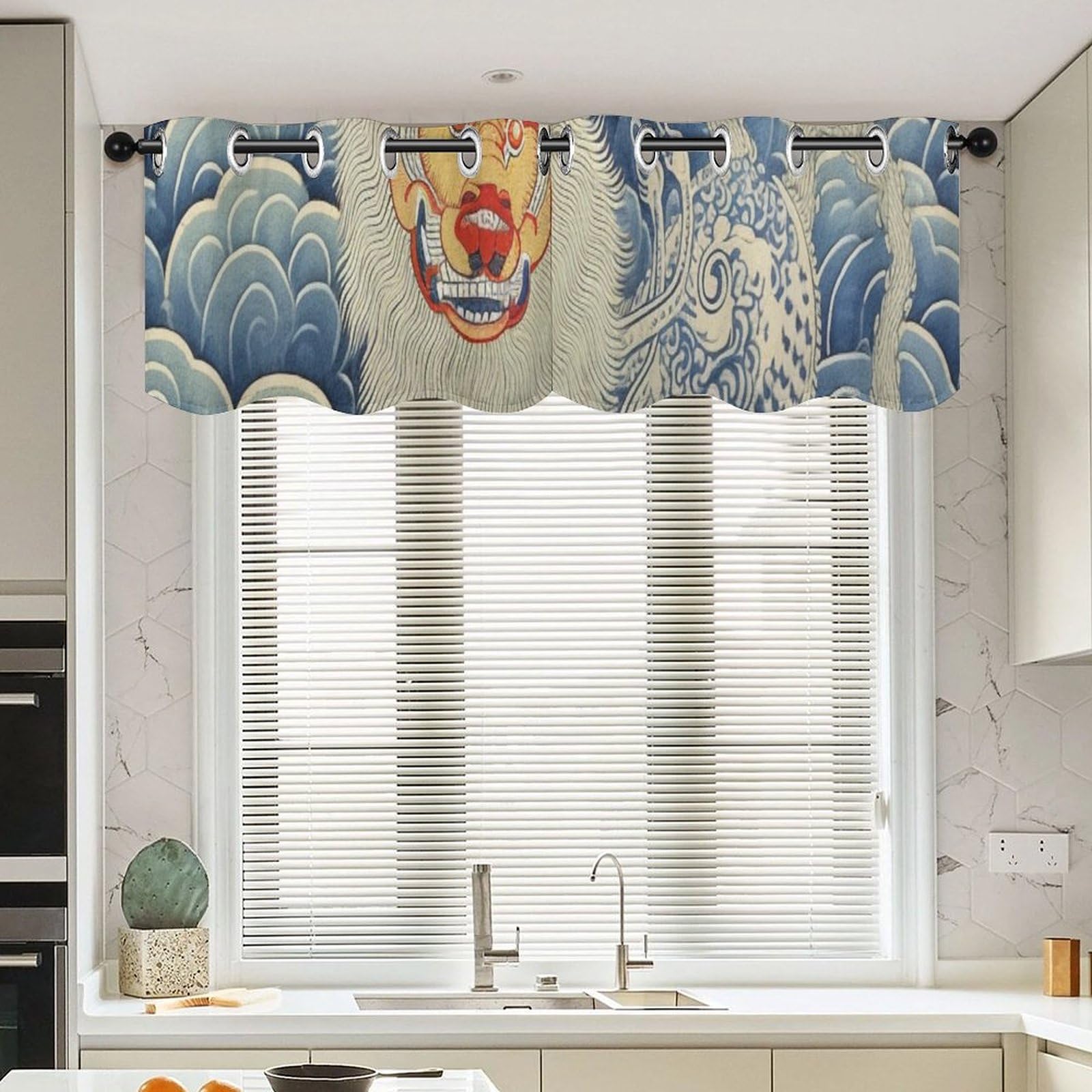 Cantonnières bleu Tibet tigre lot de 2 rideaux courts pour masquer les coffres de volets