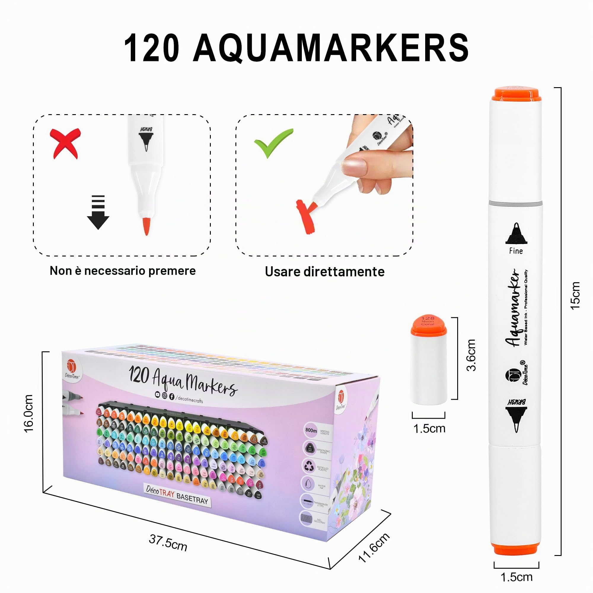 Decotime - Set di 120 pennarelli Aqua a doppia punta, formato XXL, impilabili, set di pennarelli ad acquerello, atossici, per bambini dai 3 anni in su, pennarelli professionali per arte e