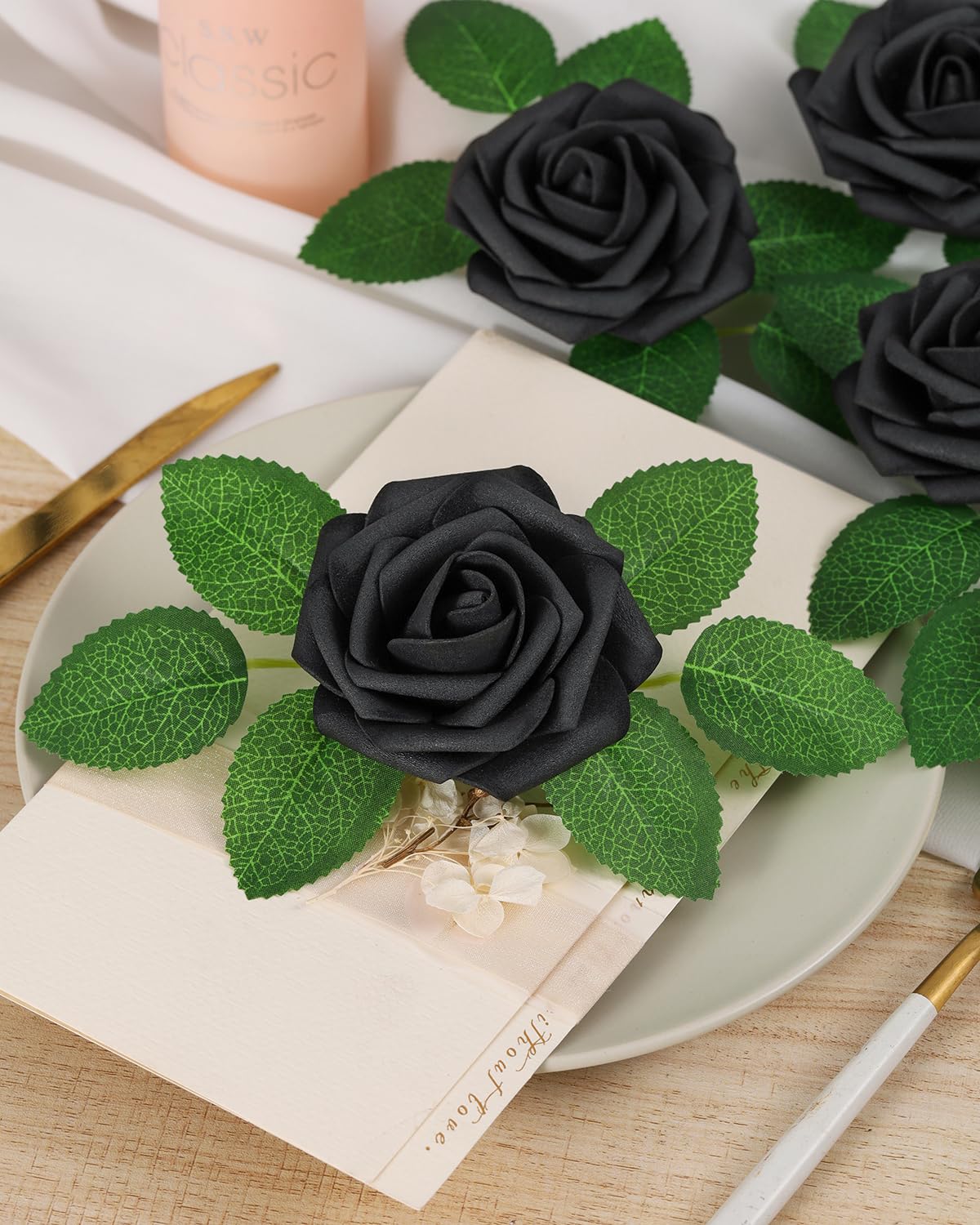 LEUCHTAMOR 25Pcs Artificial Roses Flowers Black Foam Roses Real Touch Fake Rose Heads for DIY Flowers Garland Baby Shower Wedding Bridal Bouquets Table Floral Arrangement Party Home Decoration - Image 4