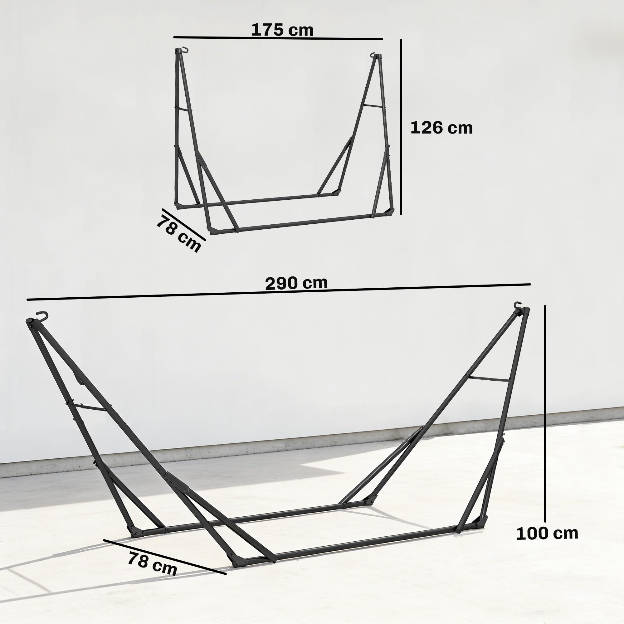 Outsunny Soporte para Hamaca Plegable, Largo 290 cm, Soporte para Hamaca Portátil de Acero, Longitud Ajustable, con Bolsa de Transporte, Carga 120 kg, Negro
