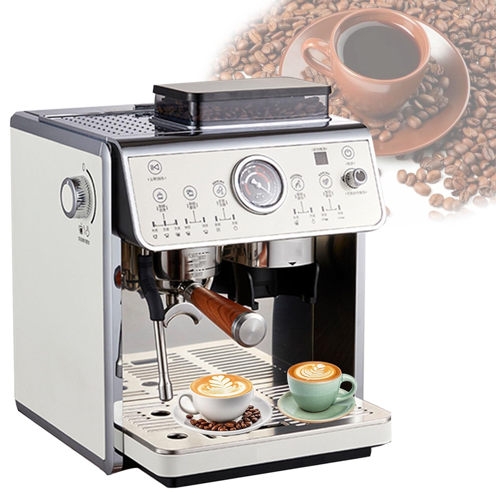 Cafetera espresso con molinillo, cafetera de acero inoxidable for capuchino y latte, cafetera espresso con vaporizador de leche y tanque de agua extraíble de 90 oz