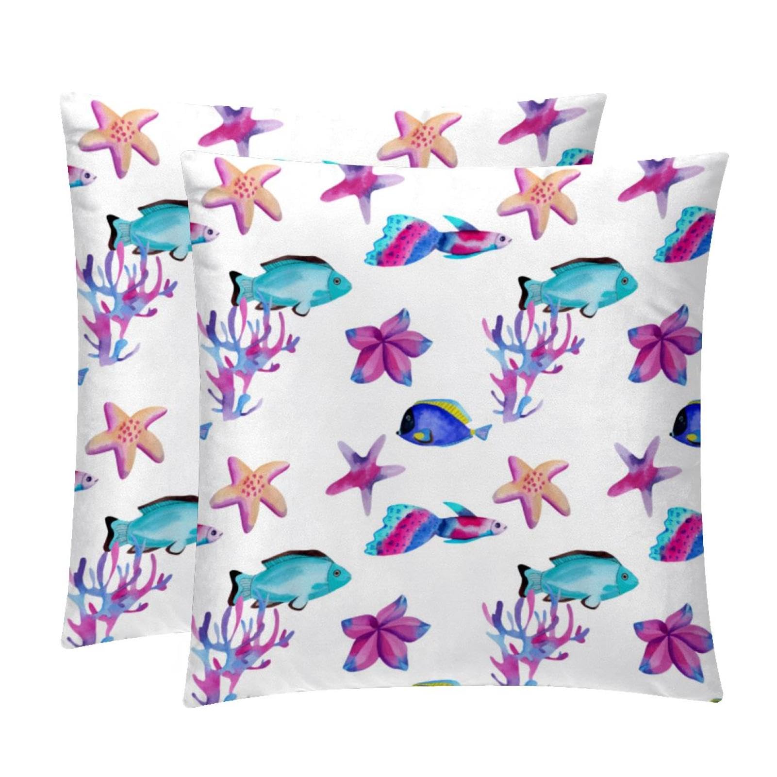 TDGKPZ Fish Starfish Throw Pillow Cases 2 Pack Pillowcases Zipper Cushion Covers For Bedroom Living Room 40x40cm