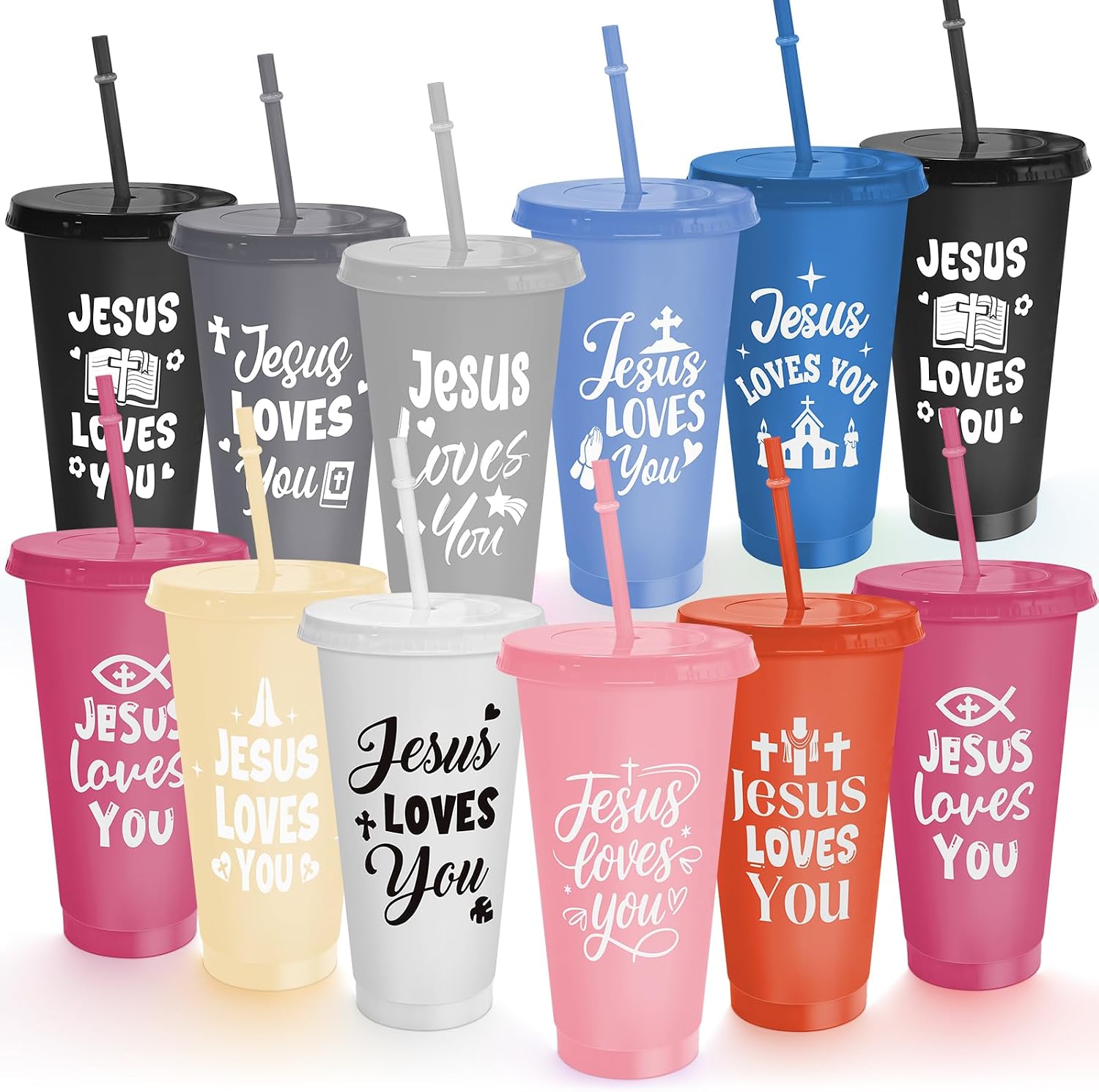 Cinrobiye 24 Pack Christian Tumblers with Lids and Straws, 24 oz Bible Verse Plastic Cups Bulk, Religious Church Gifts for VBS, Sunday School, Bible Study, Baptism and Church Party Favors(Black)