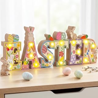 Patelai Easter Table Decoration Wooden Sign with LED Lights Easter Lighted Decor Rustic Farmhouse Table Centerpiece with 3D LED Bunny Egg Flower Tiered Tray Home Party Spring Decor (Without Batteries)
