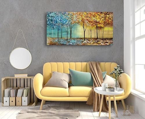 Miniatura 6 de Cao Gen Decor Art A63450 - Lienzo decorativo para pared, árboles abstractos, 1 panel, azul y amarillo, cuadros abstractos de bosque, estirados y
