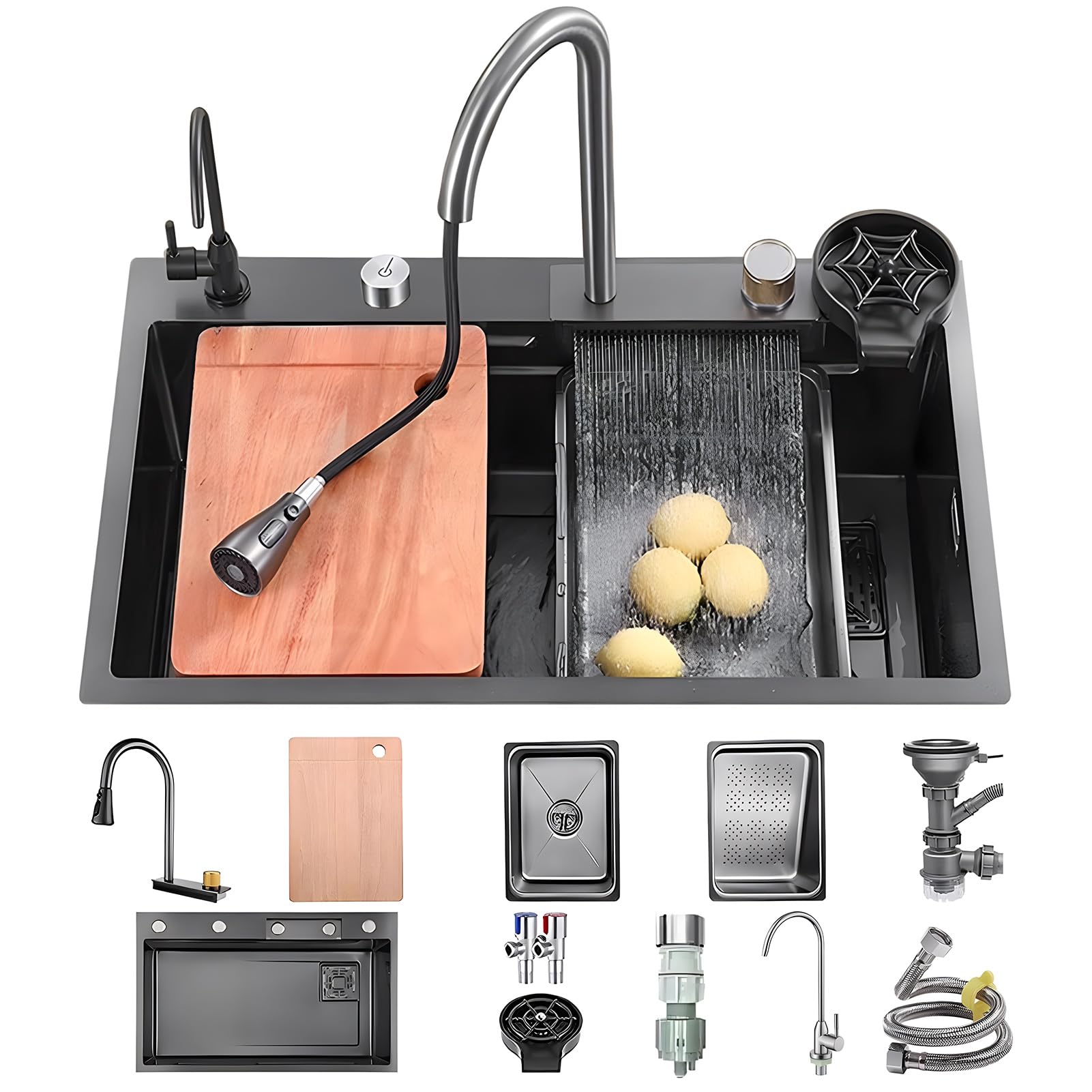 Lavandino da cucina con superficie di lavoro, 80 x 45 cm, dotato di rubinetto a cascata, in acciaio inox, per uso domestico, con idropulitrice, tagliere, scolapiatti e accessori