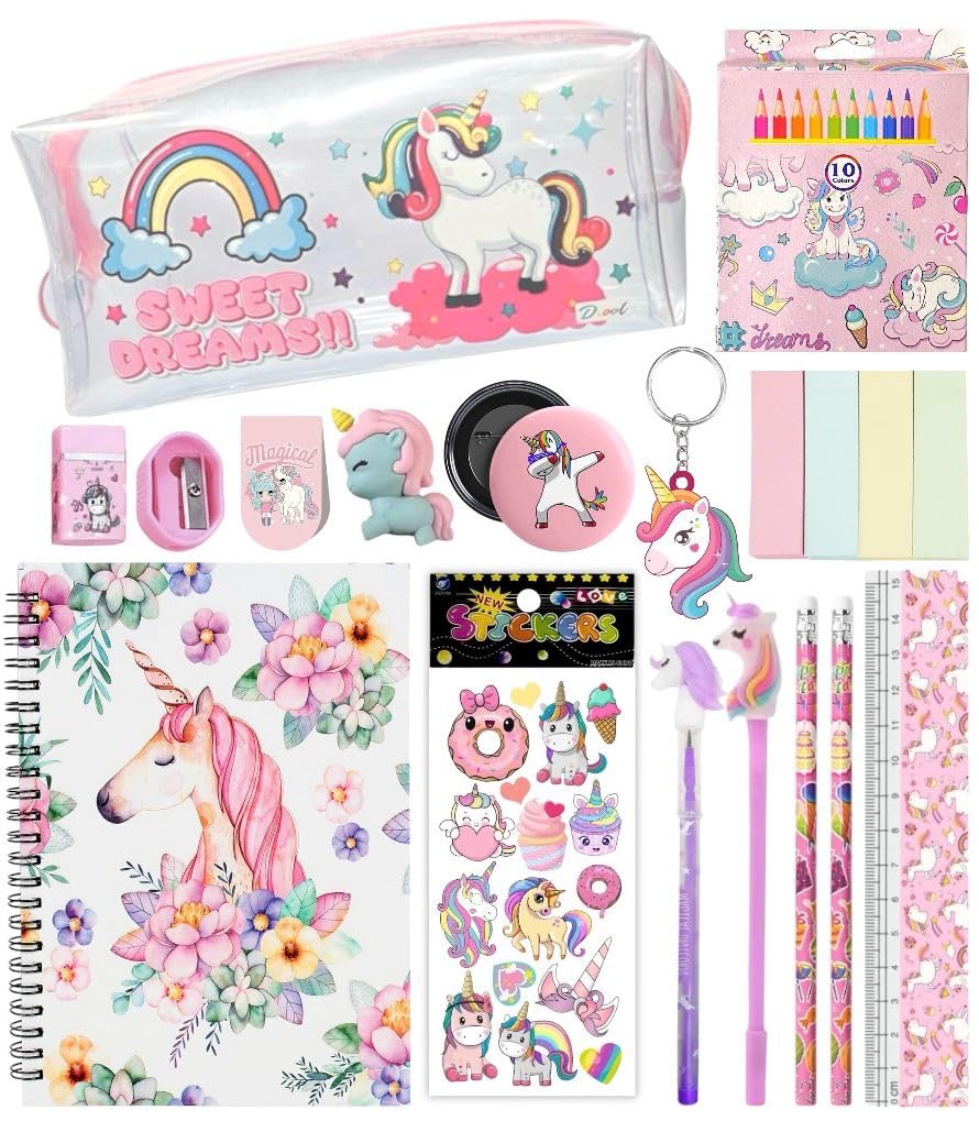 Pink Unicorn Stationery Combo Set for Girls Transparent Big School Pouch Pencil Case Box & Stationery Set for Girls Birthday Gifts for Kids Kanjak Gifts Set Bag Pouch Diary Pen Pencil Colors-image-20