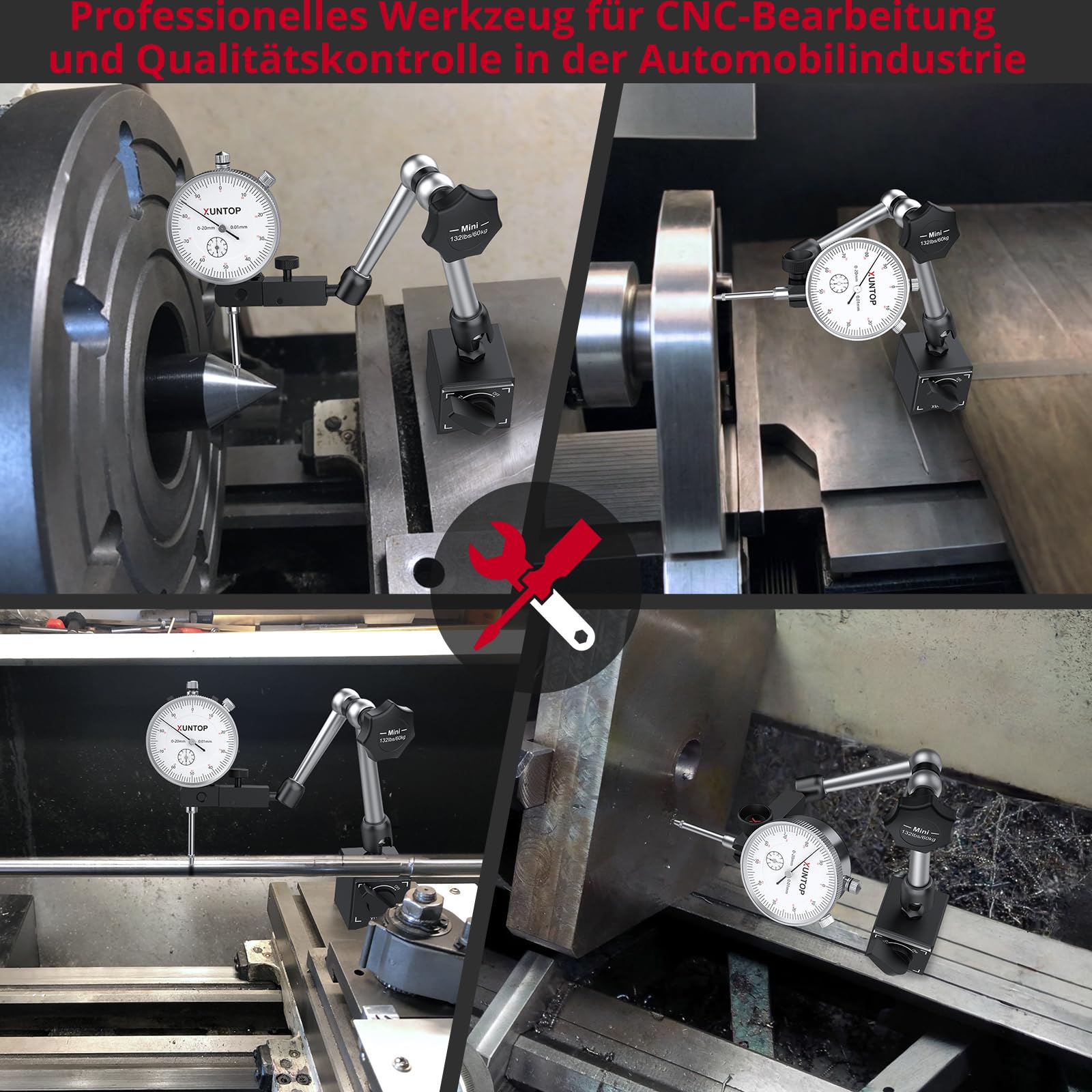 XUNTOP Präzisions Messuhr mit Magnetfuß 0,01mm Genauigkeit, 0-20 mm Messbereich,Mechanische Anzeige,132lbs/60kg, Mit Feineinstellknopf Ideal für Industrieanwendungen