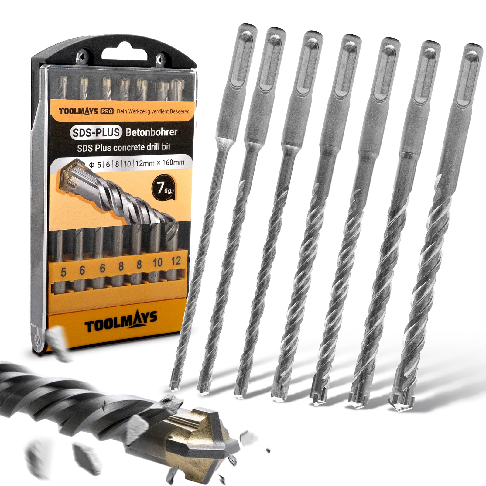 TOOLMAYS 7PCS SDS Plus Rotary Hammer Drill Bit Set, ร5-12 mm x 160 mm SDS-Plus Drill Bit Set, Carbide Tip, Masonry Drill Bits for Concrete, Stone, Brick Wall