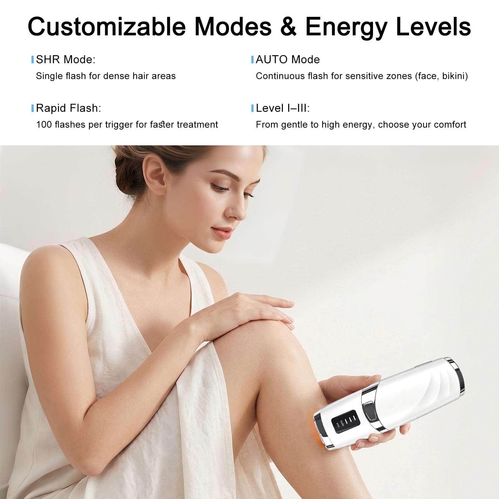 Depiladora Laser Mujer – 999.999 Destellos, 3 Niveles de Energía & Modos SHR/AUTO – Depiladora IPL con Luz Pulsada para Axilas, Piernas, Bikina y Rostro (Para Casa)