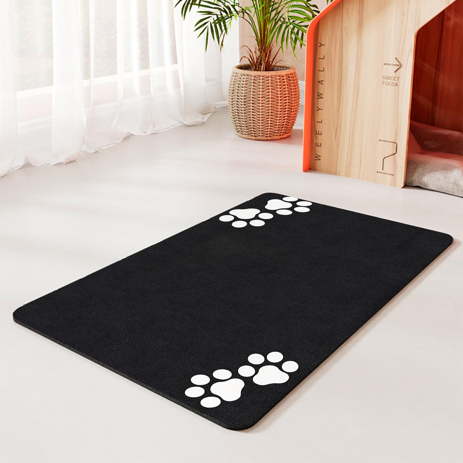 Bakmat voor honden en katten, 2 stuks, 60 x 40 cm, antislip, super absorberende hondenbakonderlegger, voedermat voor katten met kattenpatroon, waterdichte voermat voor huisdieren (zwart