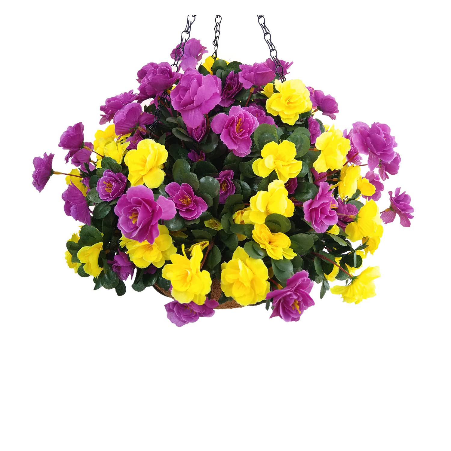 Décoration intérieure et extérieure - Grandes azalées artificielles en soie jaune et violet - Panier à suspendre avec pot de fleurs (grand panier)