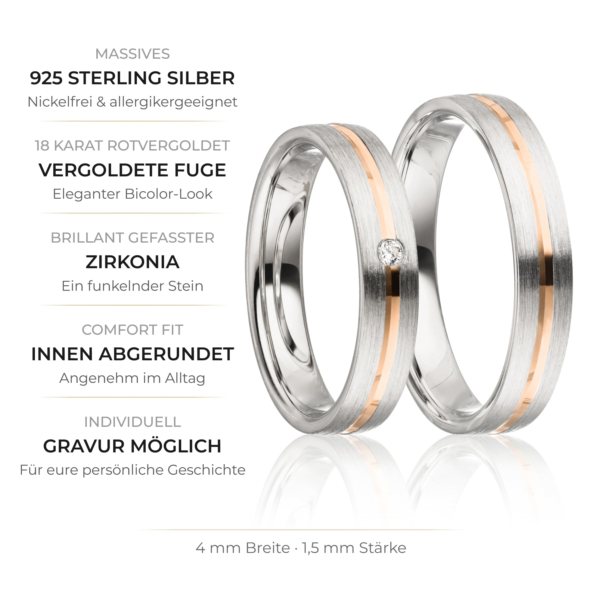 Kolibri Rings Eheringe Paar-Set 925 Silber rhodiniert, Längsmatt Rot vergoldete Glanzfuge mit Zirkonia | Partnerringe, Trauringe Paarpreis | Made in Germany + Gratis Gravur + Etui