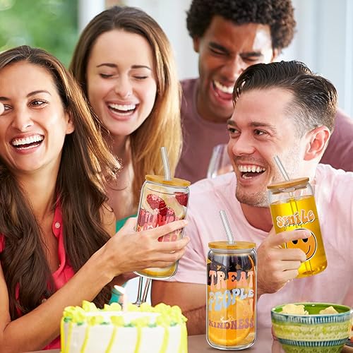 Miniatura 7 de Umigy 8 tazas de vidrio bonitas con tapas y pajitas de bambú Groovy Retro Ice Coffee Cup 16 oz Smile Face Daisy Vasos de cerveza de vidrio con