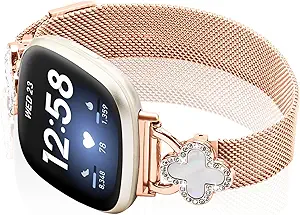 Band Compatible with Fitbit Sense/Sense 2 Versa 3/Versa 4 for Women Stainless Steel Magnetic Strap Adjustable Four Leaf Clover Watch Bands.