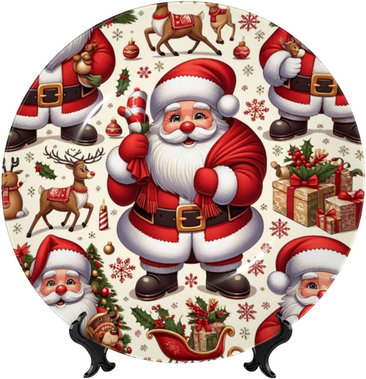 Christmas-Santa-Claus-Elk 10 Inch Decorative Plate With Stand, Elegant Display Wall Plate For Home Decor