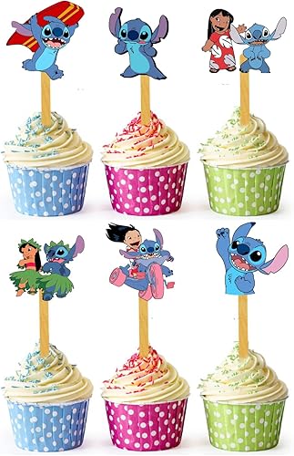 24 adornos divertidos para cupcakes de Lilo Kids Selecciones fuertes para decoración de cumpleaños, decoraciones de cupcakes para cumpleaños de