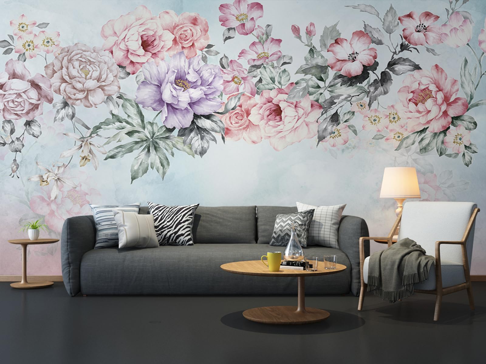Papier peint panoramique violet vert floral 150x117.5cm en tissu de soie pour chambre