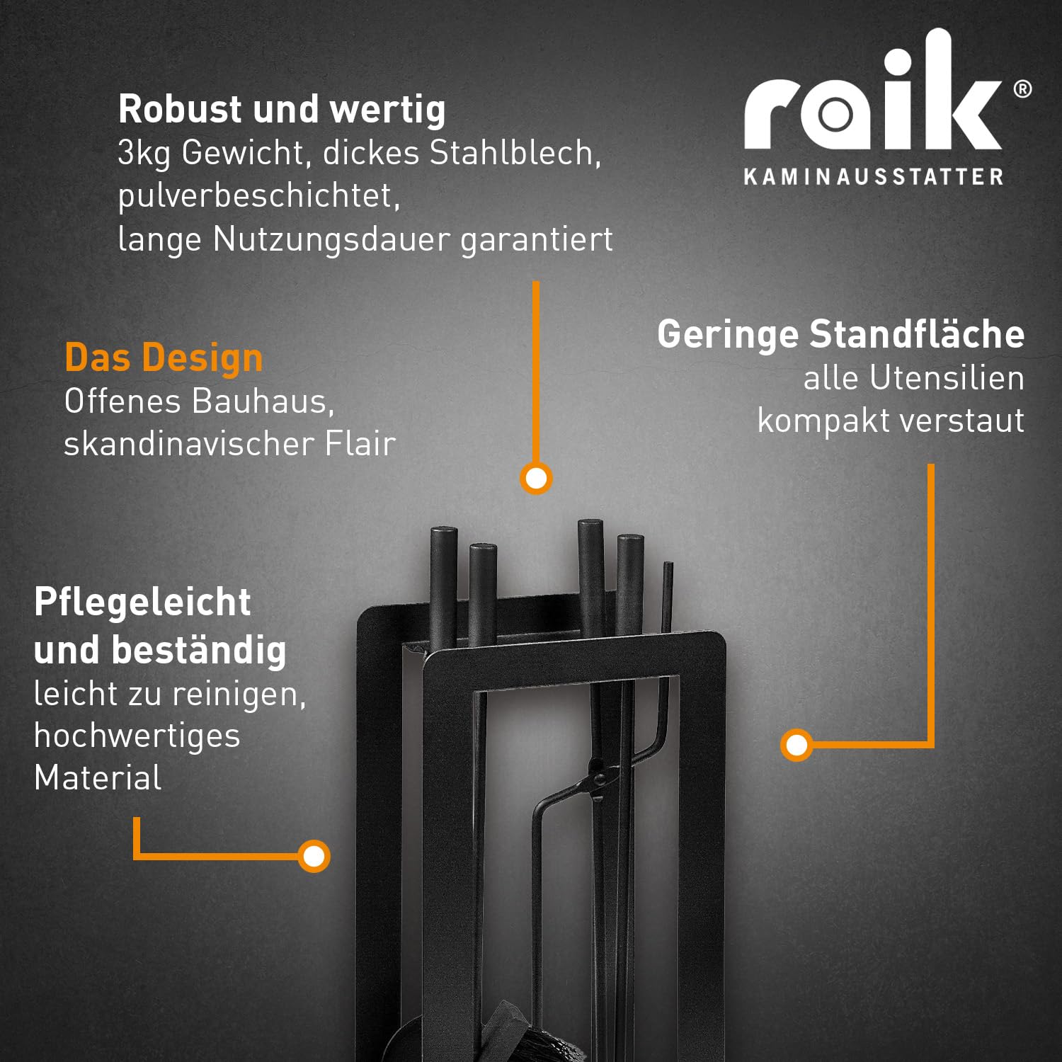 raik Kaminbesteck Theodor 4-teilig schwarz Stahl mit Schaufel Besen Schürhaken und Zange im modernen Designständer für Kaminofen und Kamineinsatz