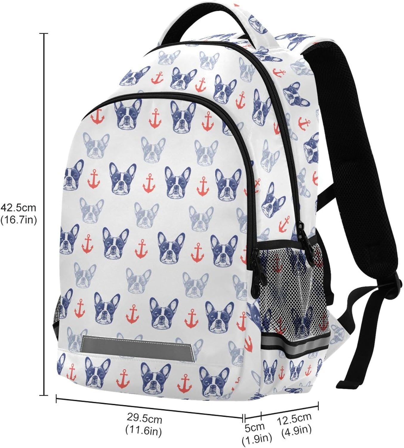 MNSRUU School Backpack with Chest Strap, French Bulldog And Anchor Laptop Backpack, Travel Hiking Backpack for Boys Girls, Rucksack, Knapsack