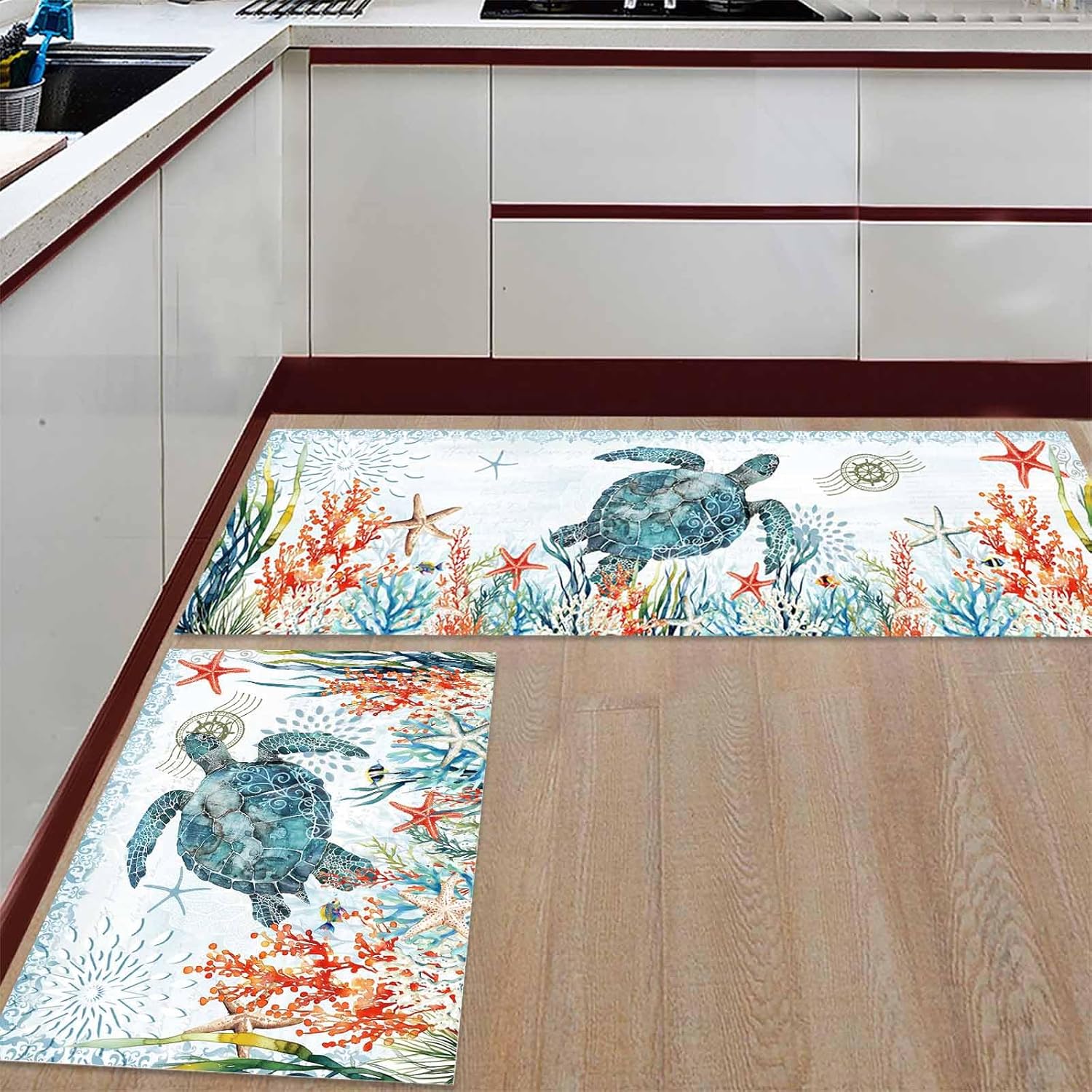 2 Pieces Kitchen Rugs and Mats,Coastal Ocean Turtle Coral Starfish Area Runner Rug Set Non Slip Floor Doormat Washable Carpet Standing Mat for Kitchen Sink Indoor Corridor,Light Blue Marine Compass