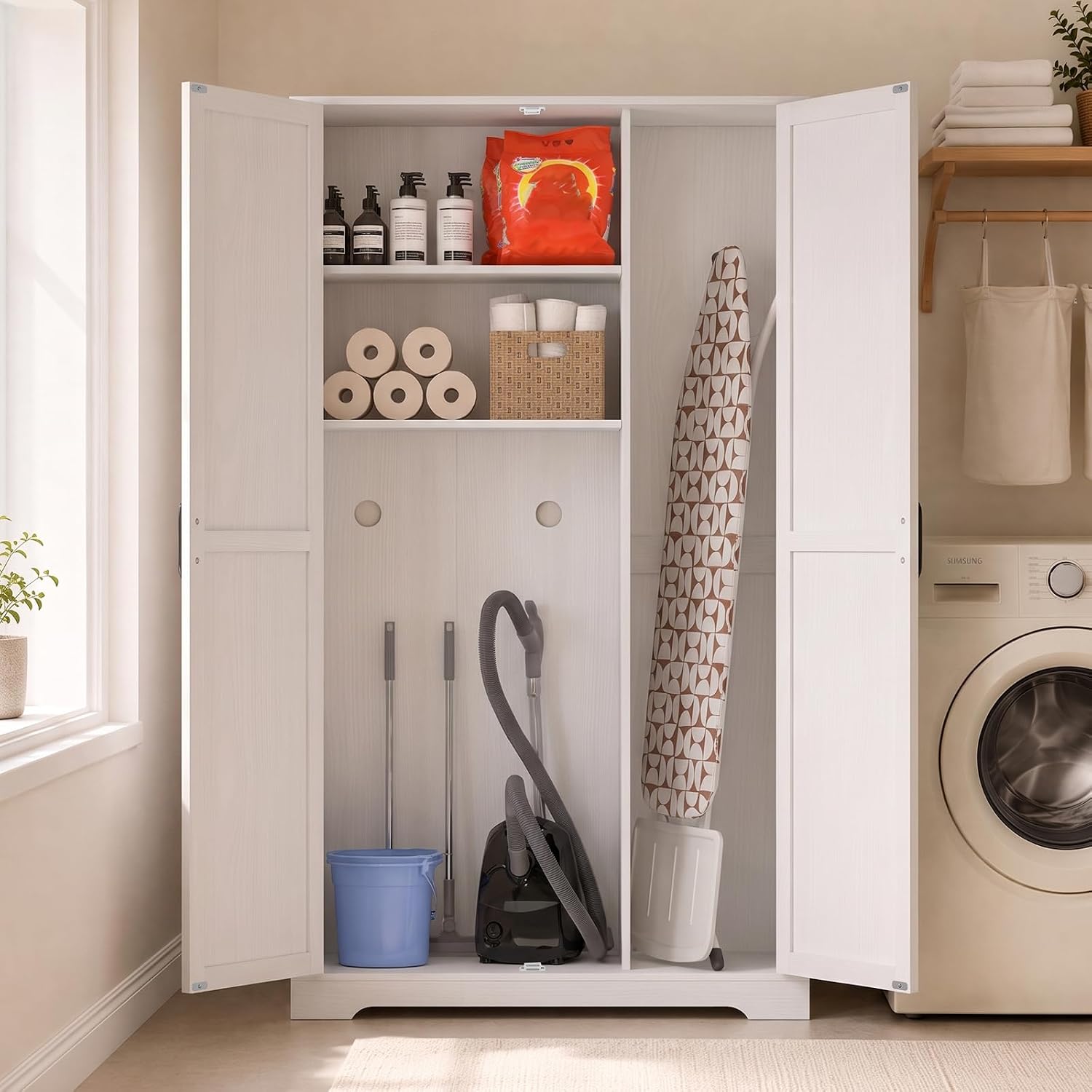 Wooden Storage Cabinet 63" H Tall Broom Closet for Wet Dry Vacuum, Farmhouse Cleaning Tool Pantry Cabinet with Doors & Shelves, Utility Storage Closet for Laundry Room, Kitchen, Garage
