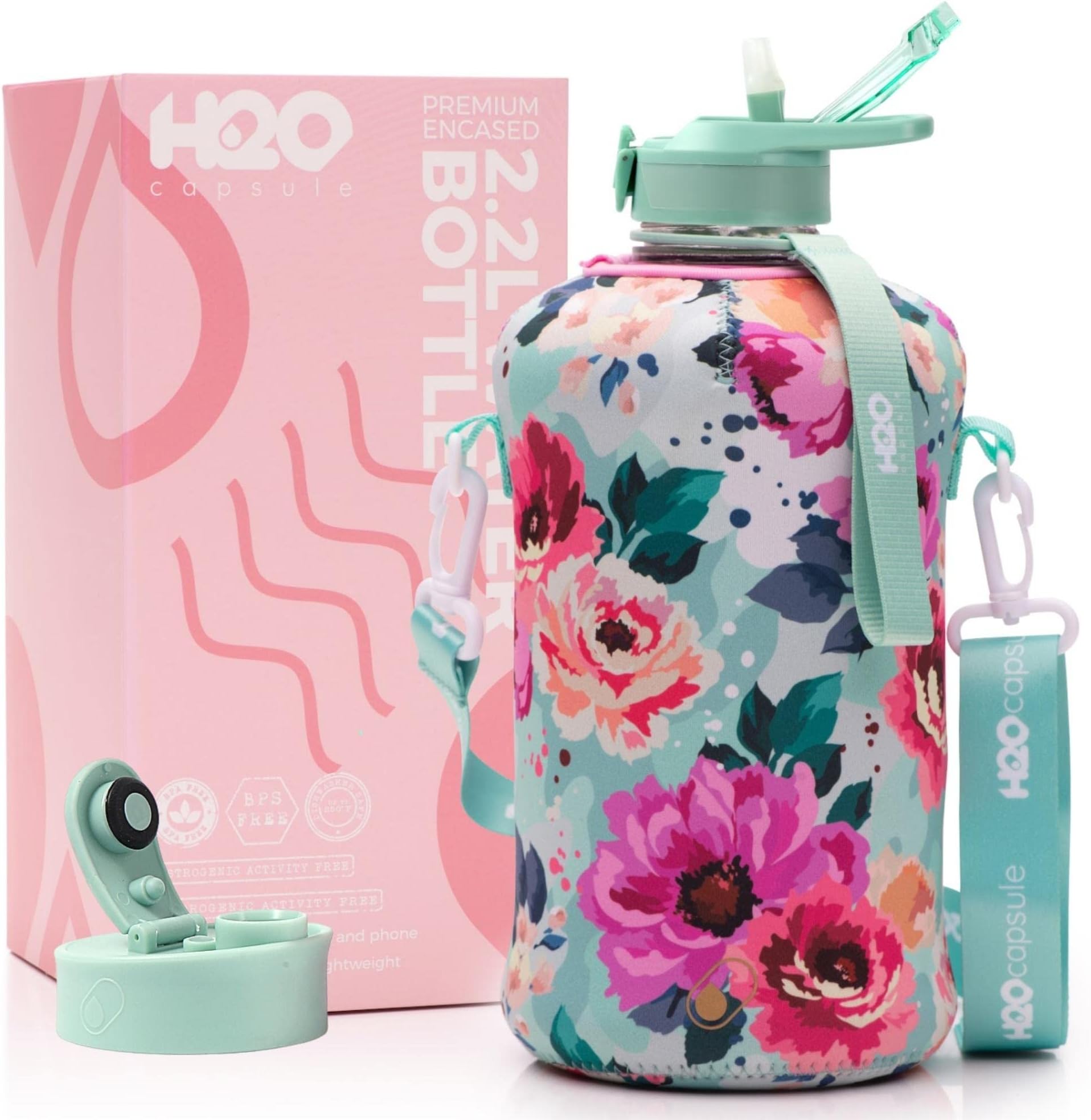 H2O Capsules 2.2L Half Gallon Water Bottle with Storage Sleeve and Straw with Lid, BPA Free, Large Reusable Drink Container with Handle, Large Sports Jug, 2.2 Liter (74 Ounce) - Floral Bloom